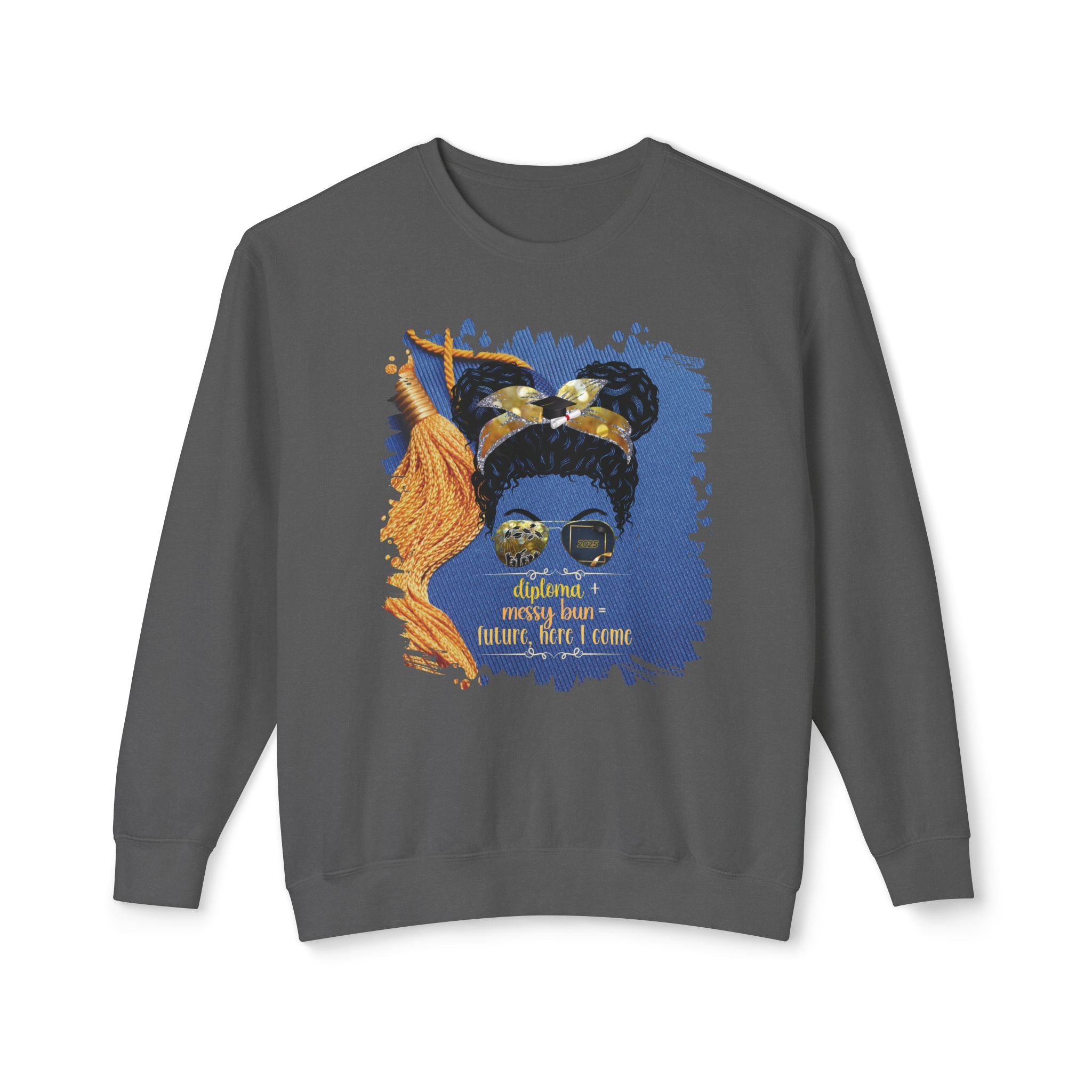 Diploma + Messy Bun, Graduation Cap, Black Hair Messy Bun, Unisex Lightweight Crewneck Sweatshirt