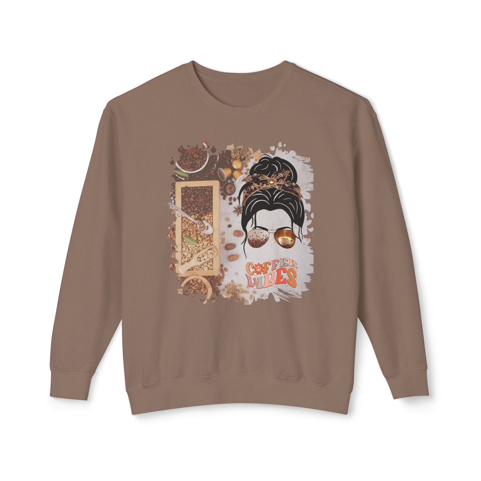 Coffee Vibes, Coffee Beans Variety, Dark Hair Messy Bun, Unisex Lightweight Crewneck Sweatshirt