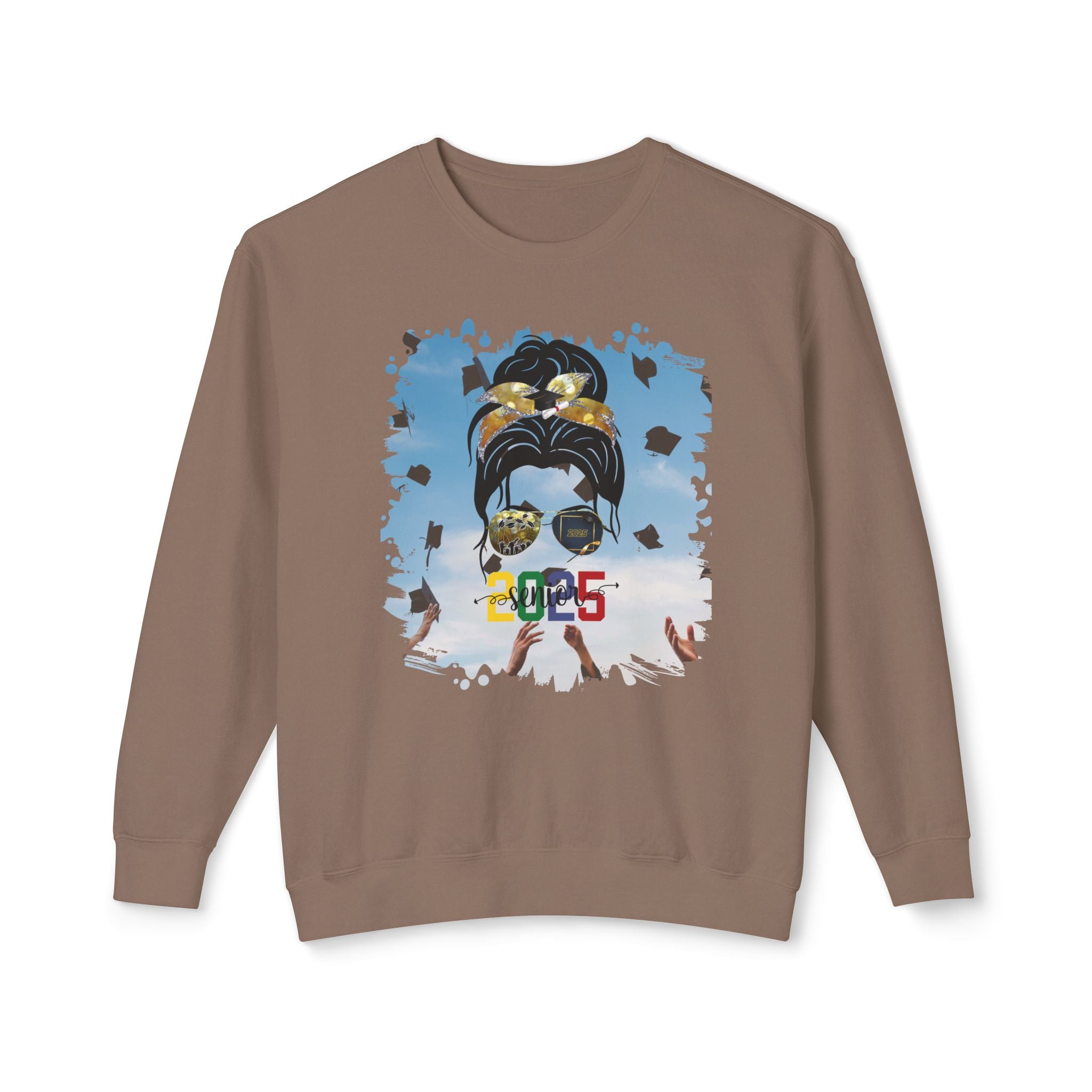 Senior 2025 Colorful, Celebration, Dark Hair Messy Bun, Unisex Lightweight Crewneck Sweatshirt