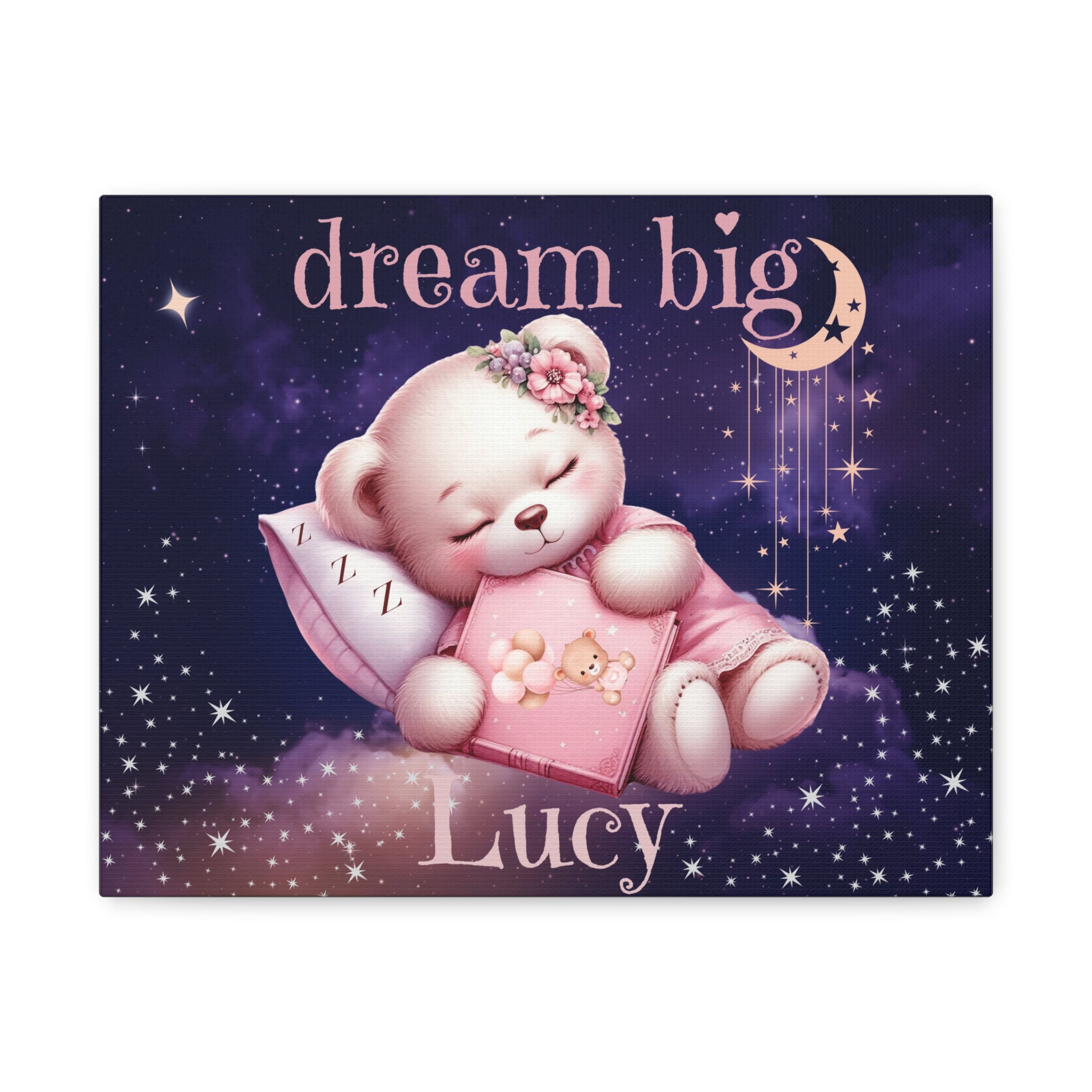 Personalized Sleeping Bear Name Canvas | Custom Nursery Wall Art, Stretched Matte Print