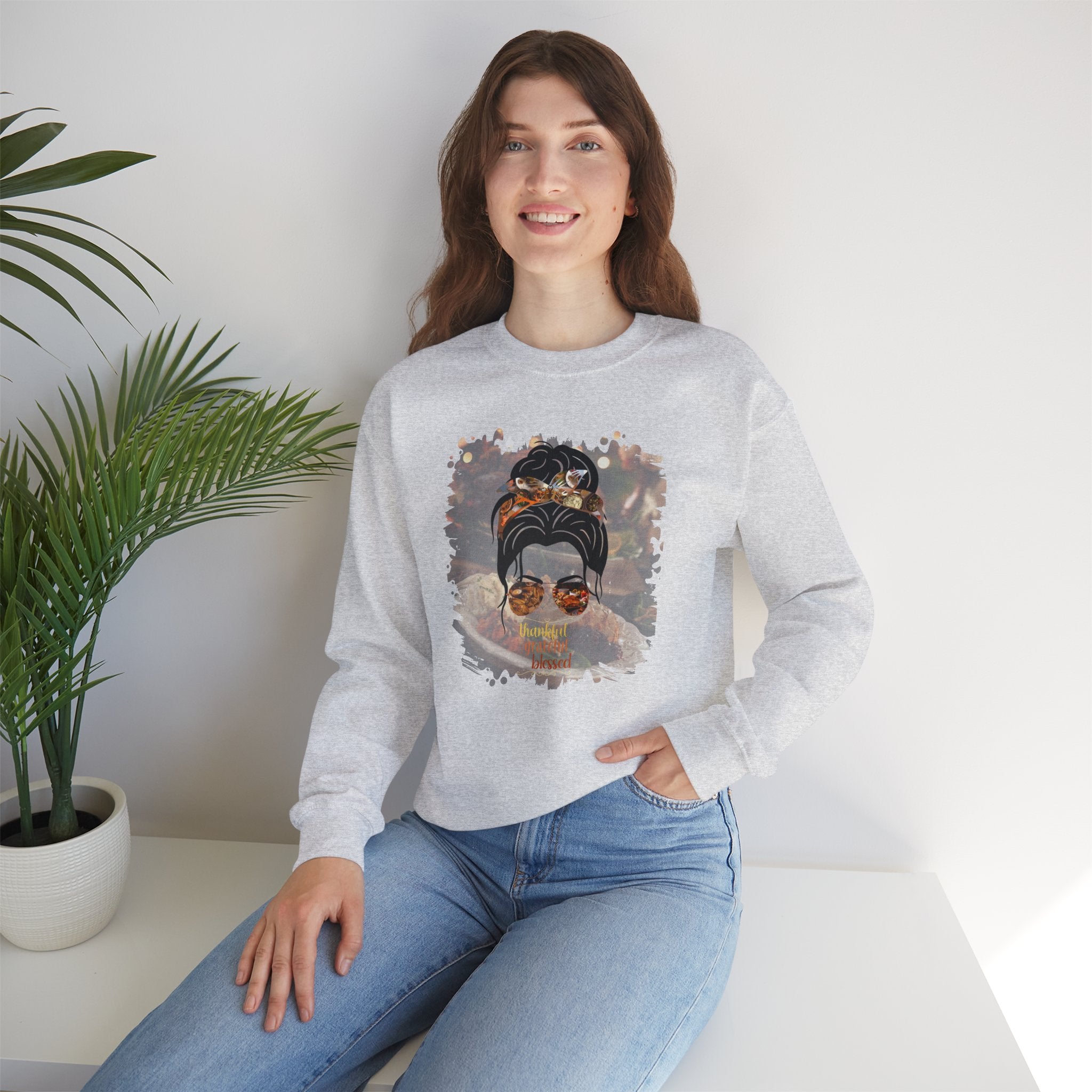 Thankful Grateful Blessed Thanksgiving Dinner, Dark Hair Messy Bun, Unisex Heavy Blend™ Crewneck Sweatshirt