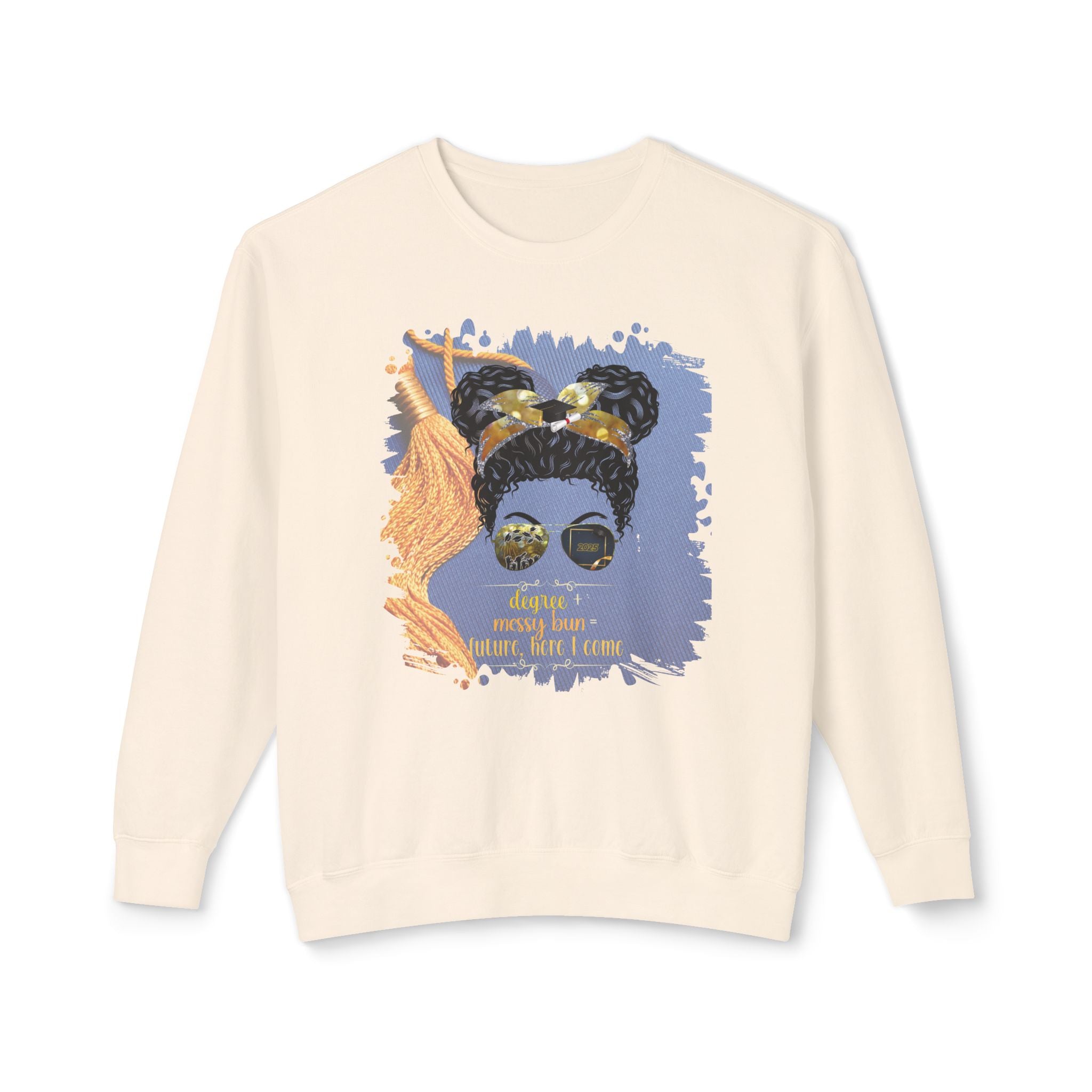 Degree + Messy Bun, Graduation Cap, Black Hair Messy Bun, Unisex Lightweight Crewneck Sweatshirt