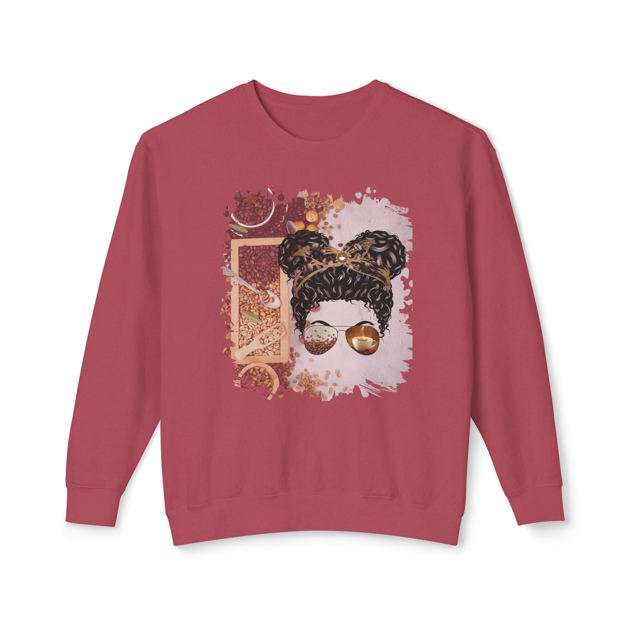 Coffee Beans Variety, Black Hair Messy Bun, Unisex Lightweight Crewneck Sweatshirt