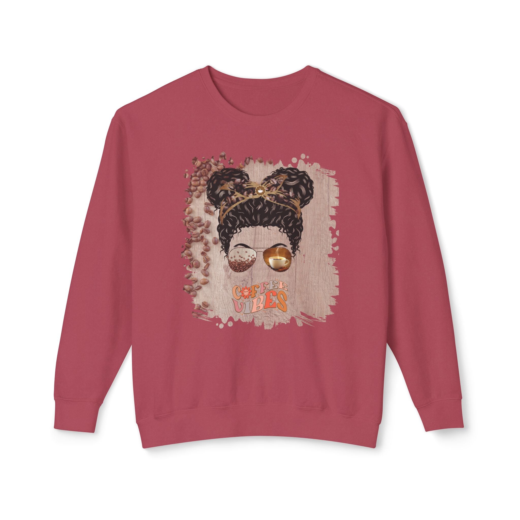 Coffee Vibes, Coffee Beans Table, Black Hair Messy Bun, Unisex Lightweight Crewneck Sweatshirt