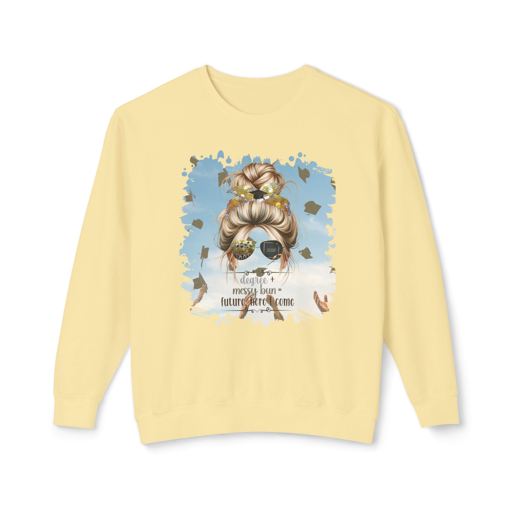 Degree + Messy Bun, Celebration, Blond Hair Messy Bun, Unisex Lightweight Crewneck Sweatshirt
