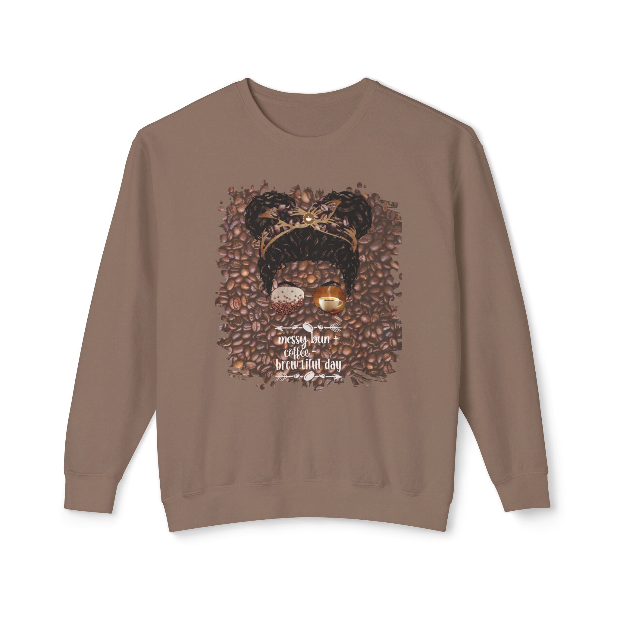 Messy Bun plus Coffee, Coffee Beans, Black Hair Messy Bun, Unisex Lightweight Crewneck Sweatshirt