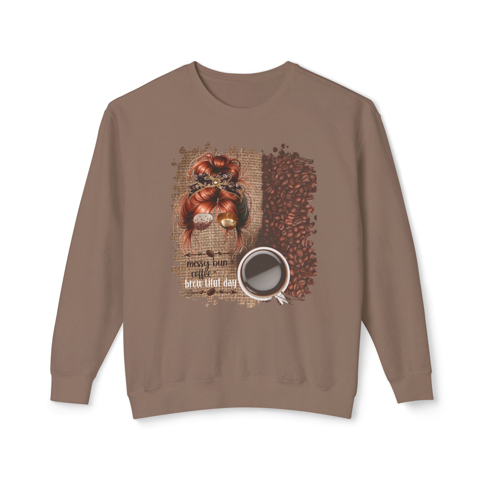 Messy Bun plus Coffee, Coffee Beans Bag, Red Hair Messy Bun, Unisex Lightweight Crewneck Sweatshirt