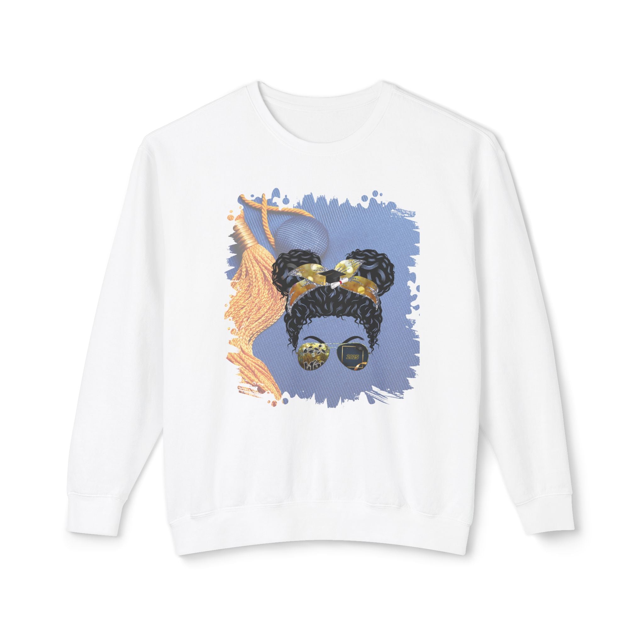 Graduation Cap, Black Hair Messy Bun, Unisex Lightweight Crewneck Sweatshirt