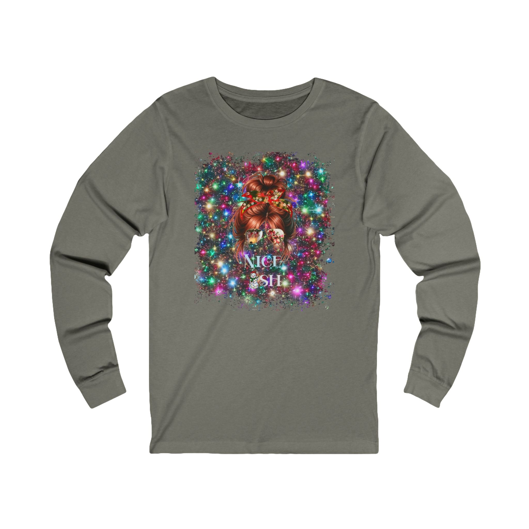 Nice-ish Christmas Lights, Red Hair Messy Bun, Unisex Jersey Long Sleeve Tee