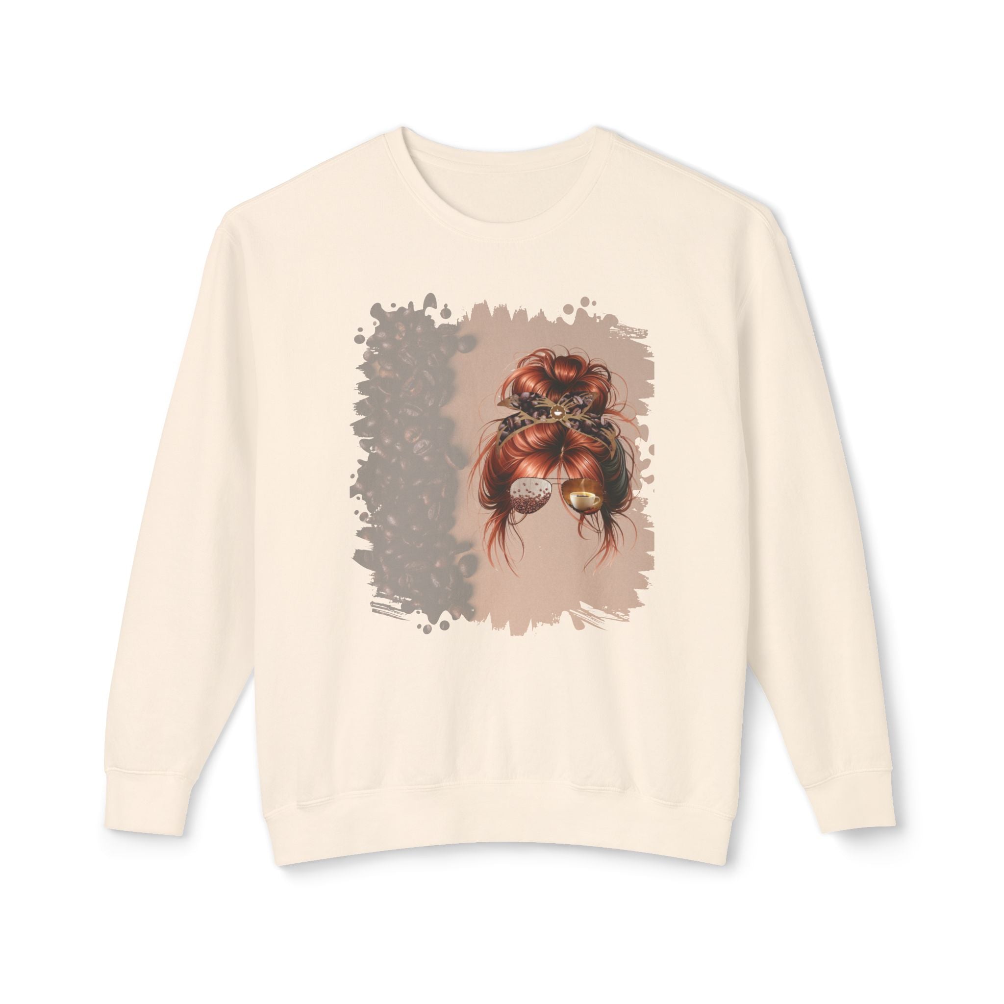 Coffee Beans Shade, Red Hair Messy Bun, Unisex Lightweight Crewneck Sweatshirt