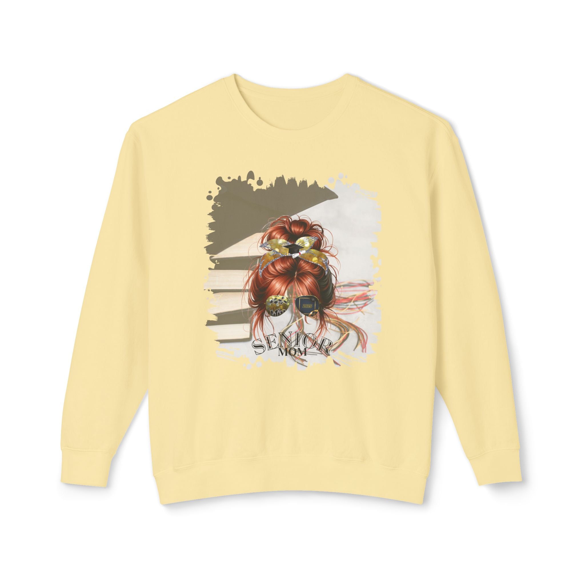 Senior Mom, Cap & Books, Red Hair Messy Bun, Unisex Lightweight Crewneck Sweatshirt