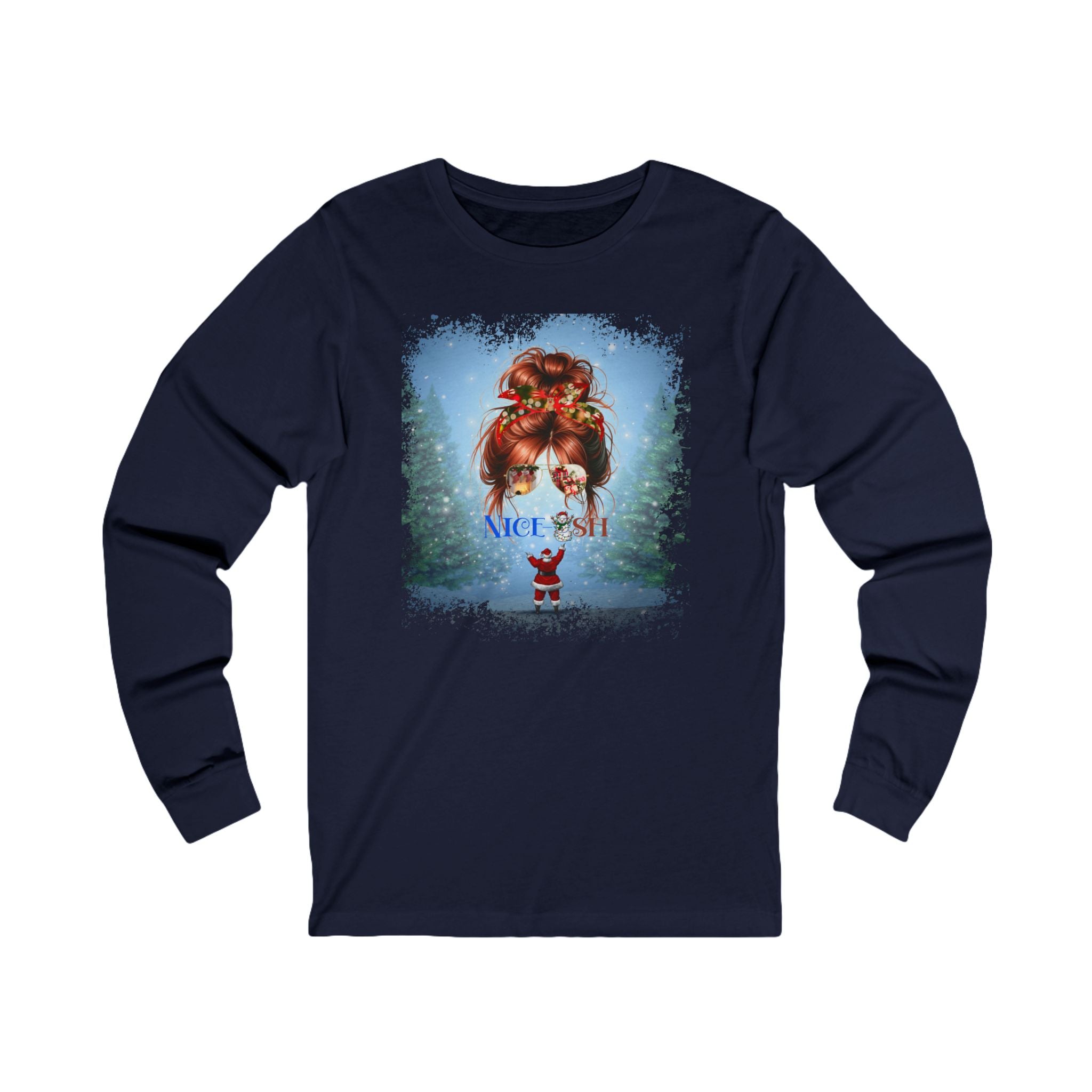 Nice-ish Santa, Red Hair Messy Bun, Unisex Jersey Long Sleeve Tee