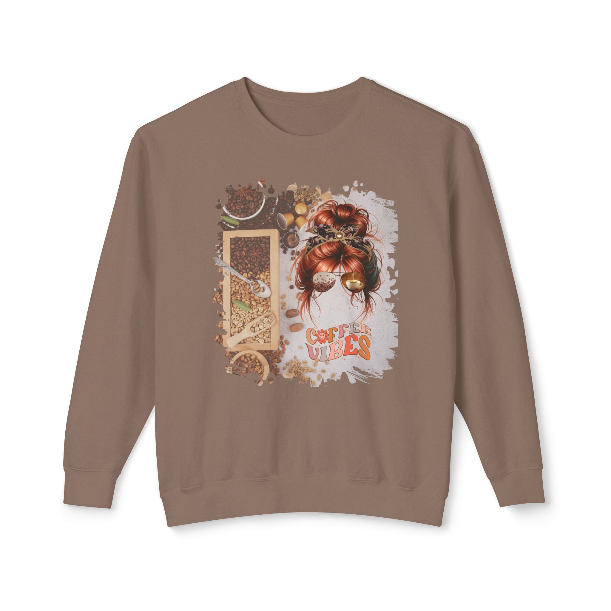 Coffee Vibes, Coffee Beans Variety, Red Hair Messy Bun, Unisex Lightweight Crewneck Sweatshirt