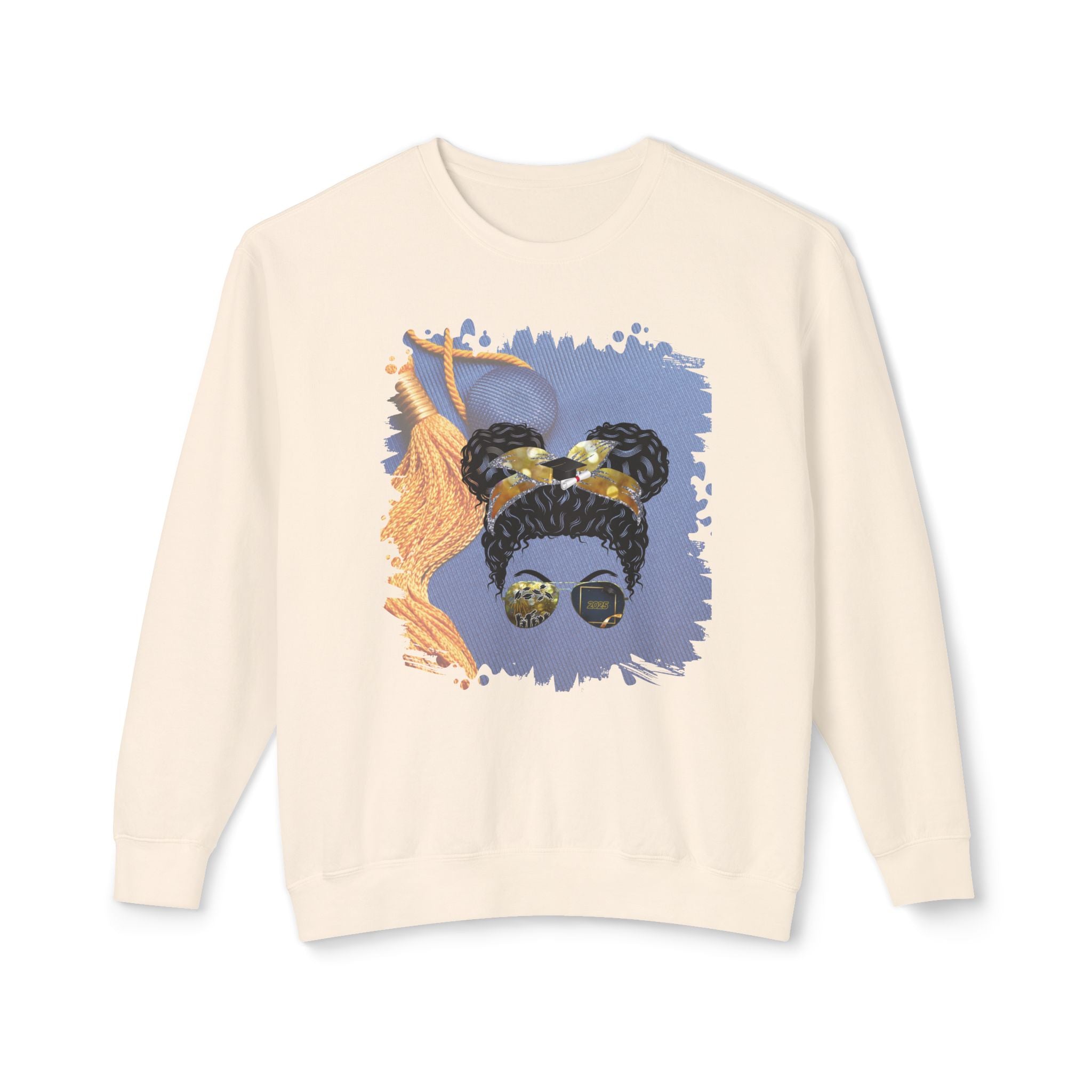 Graduation Cap, Black Hair Messy Bun, Unisex Lightweight Crewneck Sweatshirt