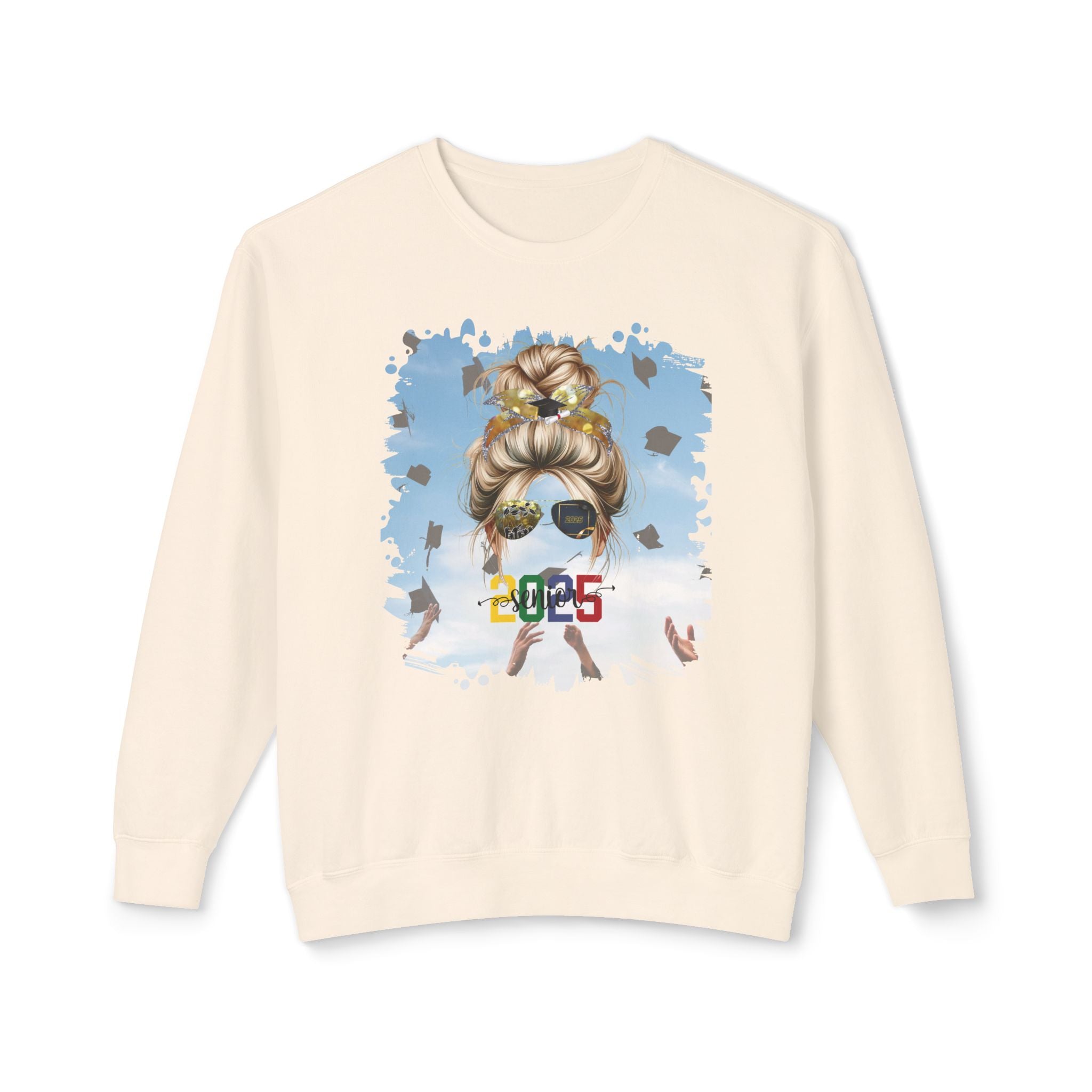 Senior 2025 Colorful, Celebration, Blond Hair Messy Bun, Unisex Lightweight Crewneck Sweatshirt