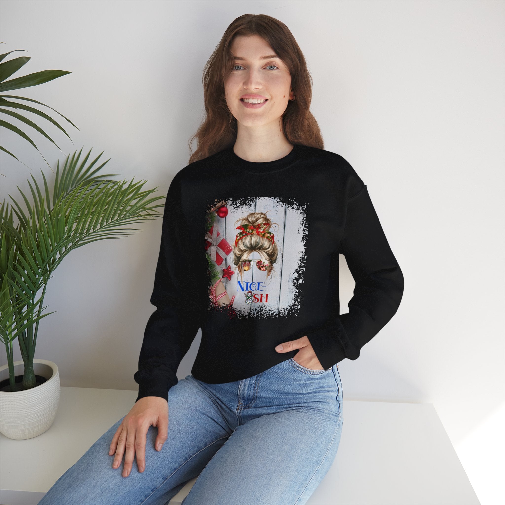 Nice-ish Christmas Presents, Blond Hair Messy Bun, Unisex Heavy Blend™ Crewneck Sweatshirt