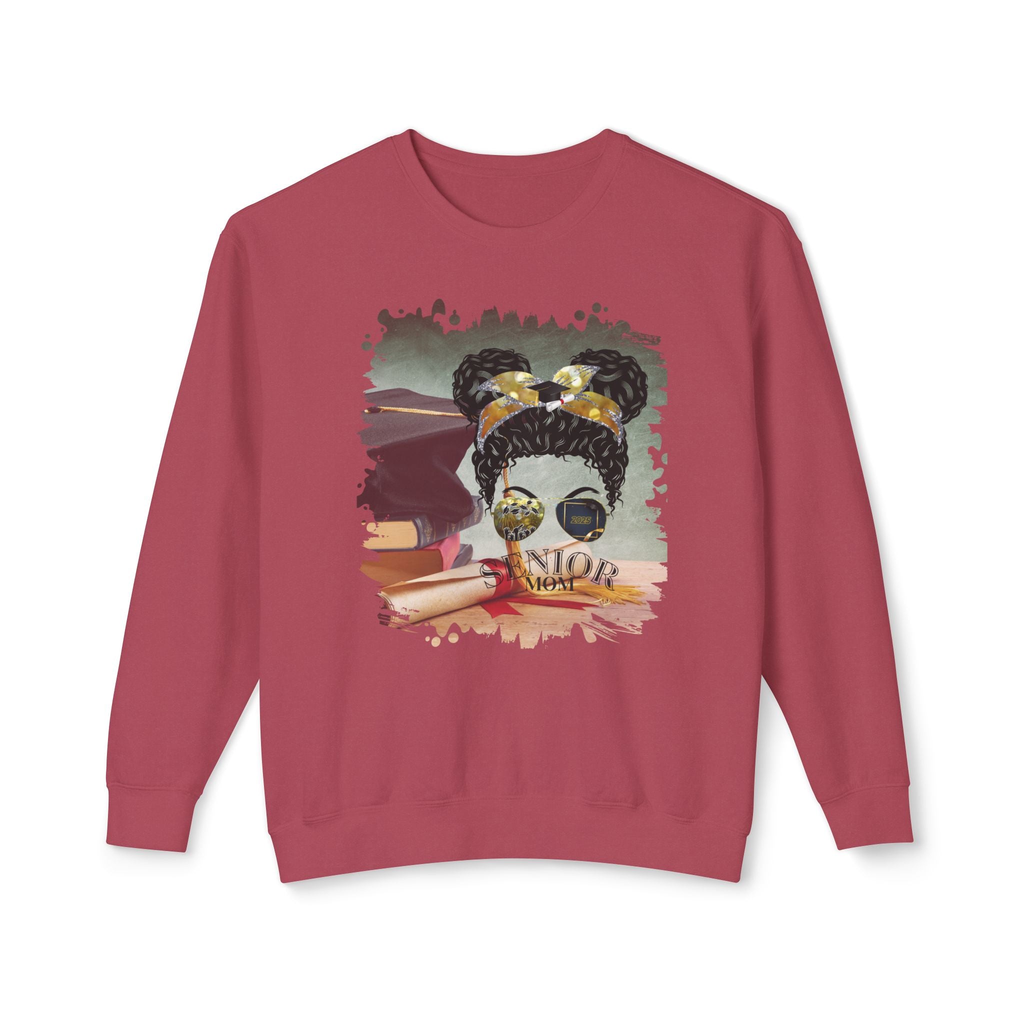 Senior Mom, Cap & Degree/Diploma, Black Hair Messy Bun, Unisex Lightweight Crewneck Sweatshirt