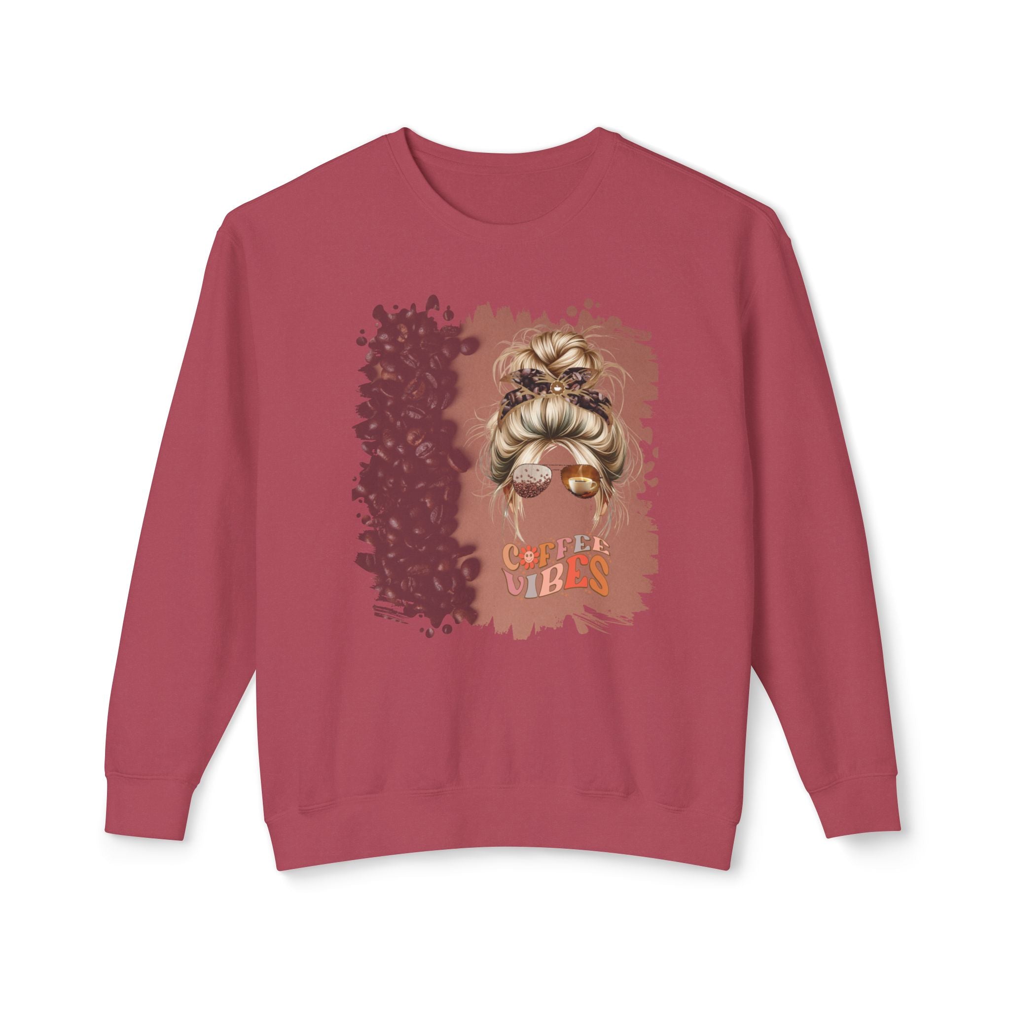 Coffee Vibes, Coffee Beans Shade, Blond Hair Messy Bun, Unisex Lightweight Crewneck Sweatshirt