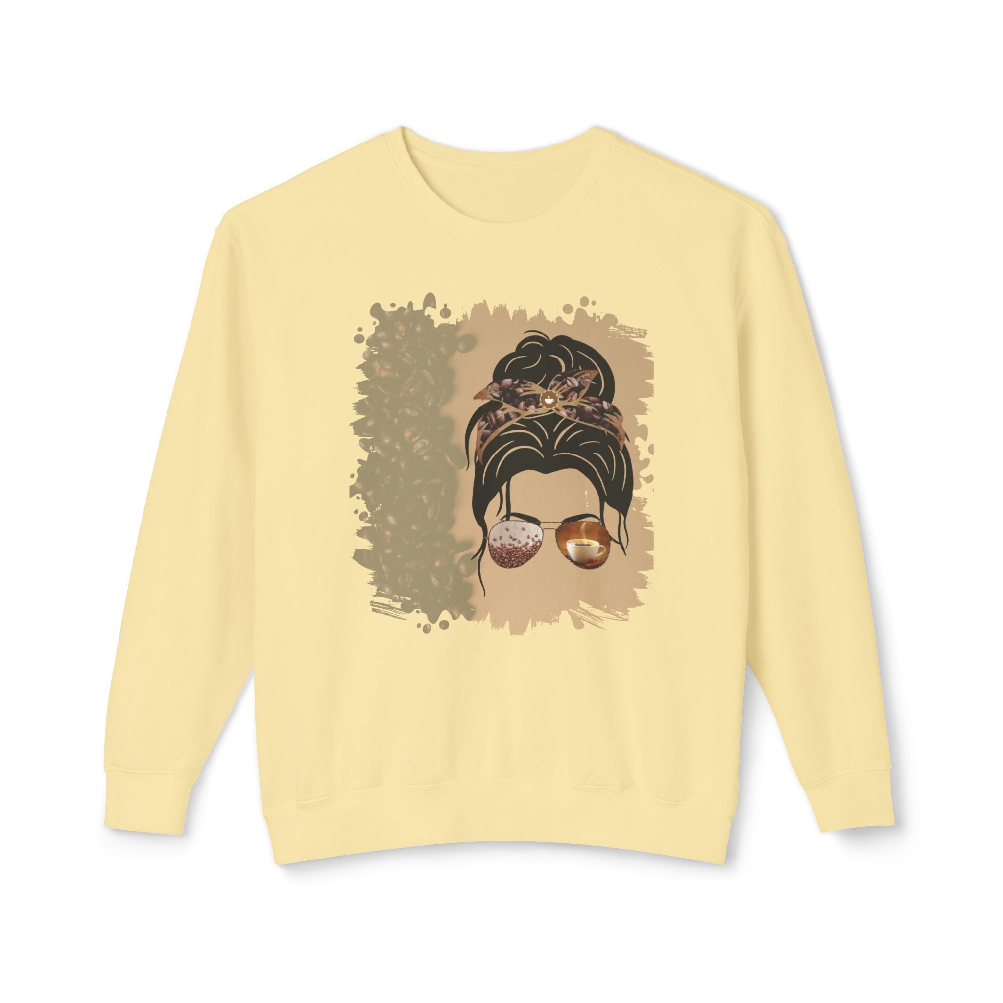 Coffee Beans Shade, Dark Hair Messy Bun, Unisex Lightweight Crewneck Sweatshirt
