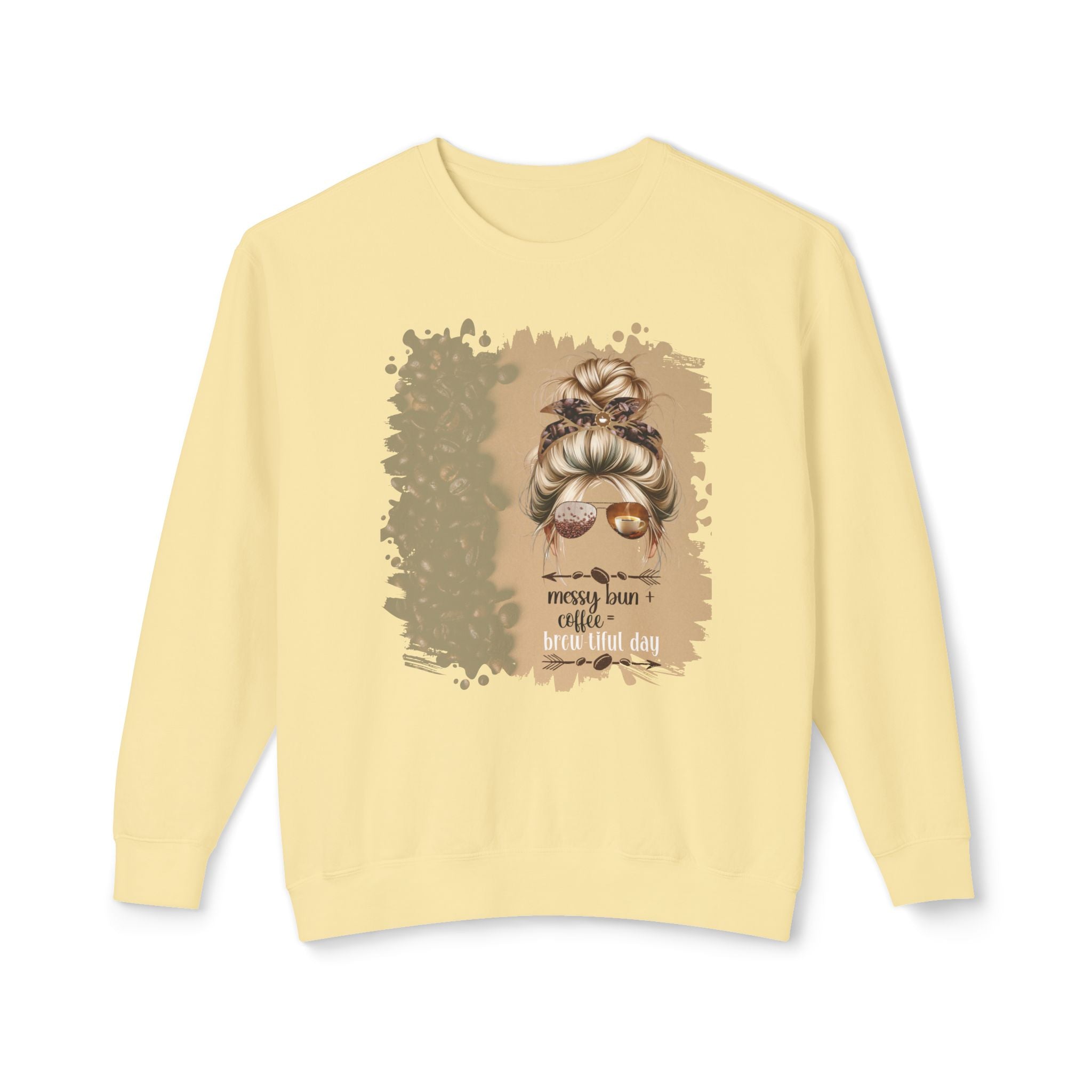 Messy Bun plus Coffee, Coffee Beans Shade, Blond Hair Messy Bun, Unisex Lightweight Crewneck Sweatshirt
