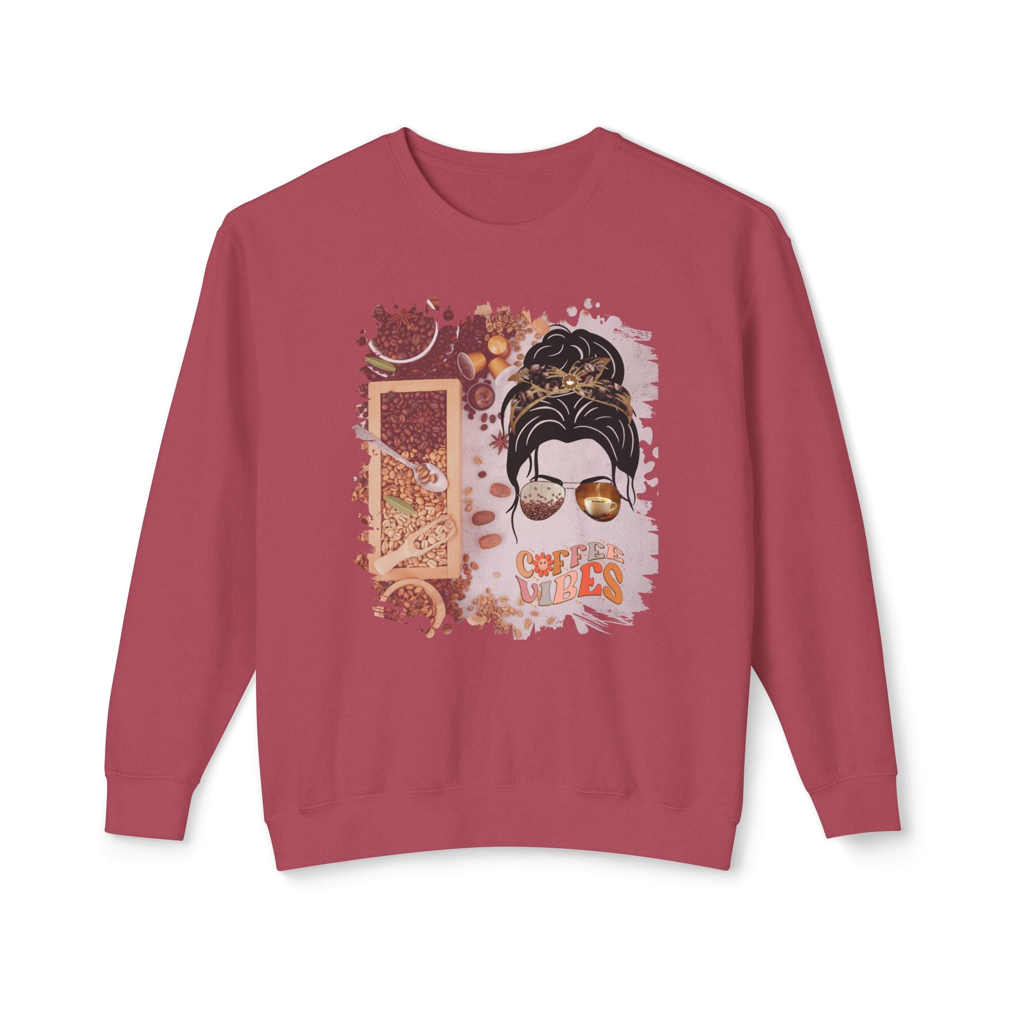 Coffee Vibes, Coffee Beans Variety, Dark Hair Messy Bun, Unisex Lightweight Crewneck Sweatshirt