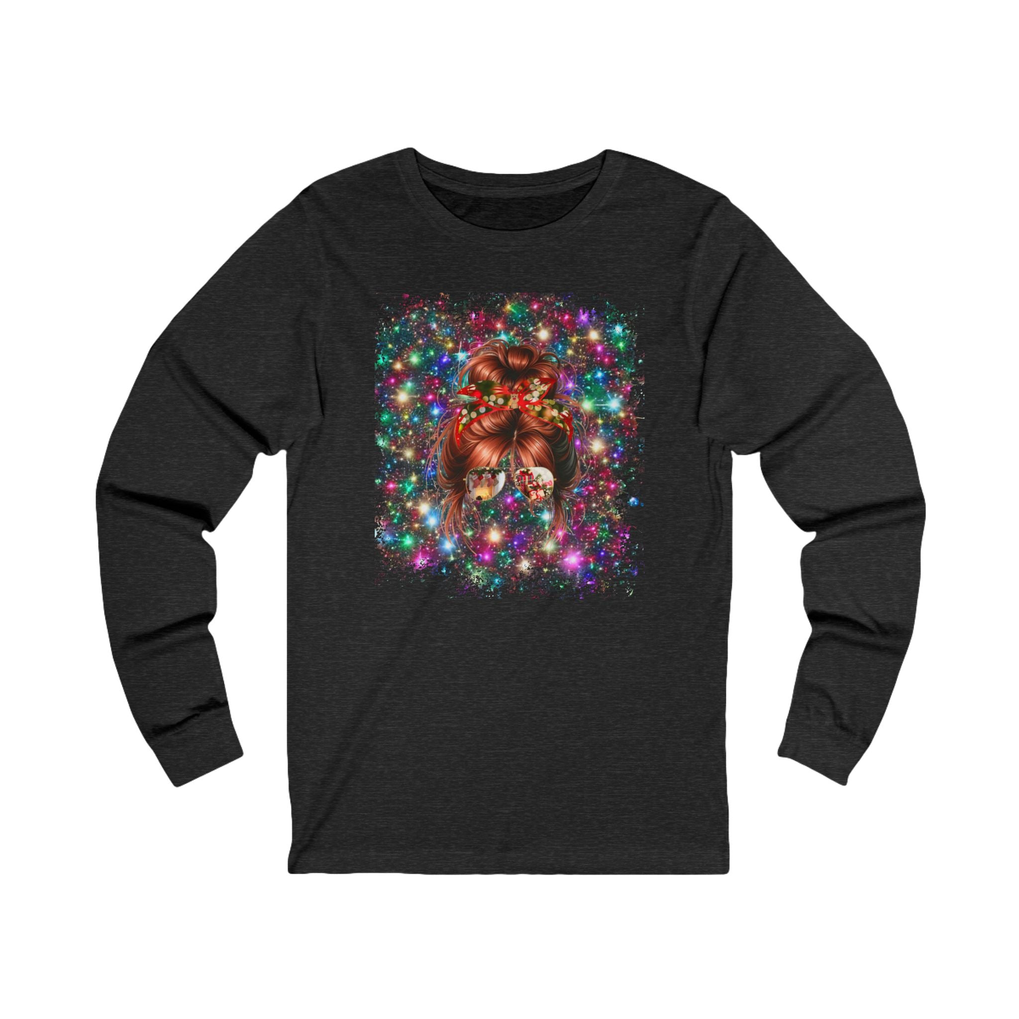 Christmas Lights, Red Hair Messy Bun, Unisex Jersey Long Sleeve Tee