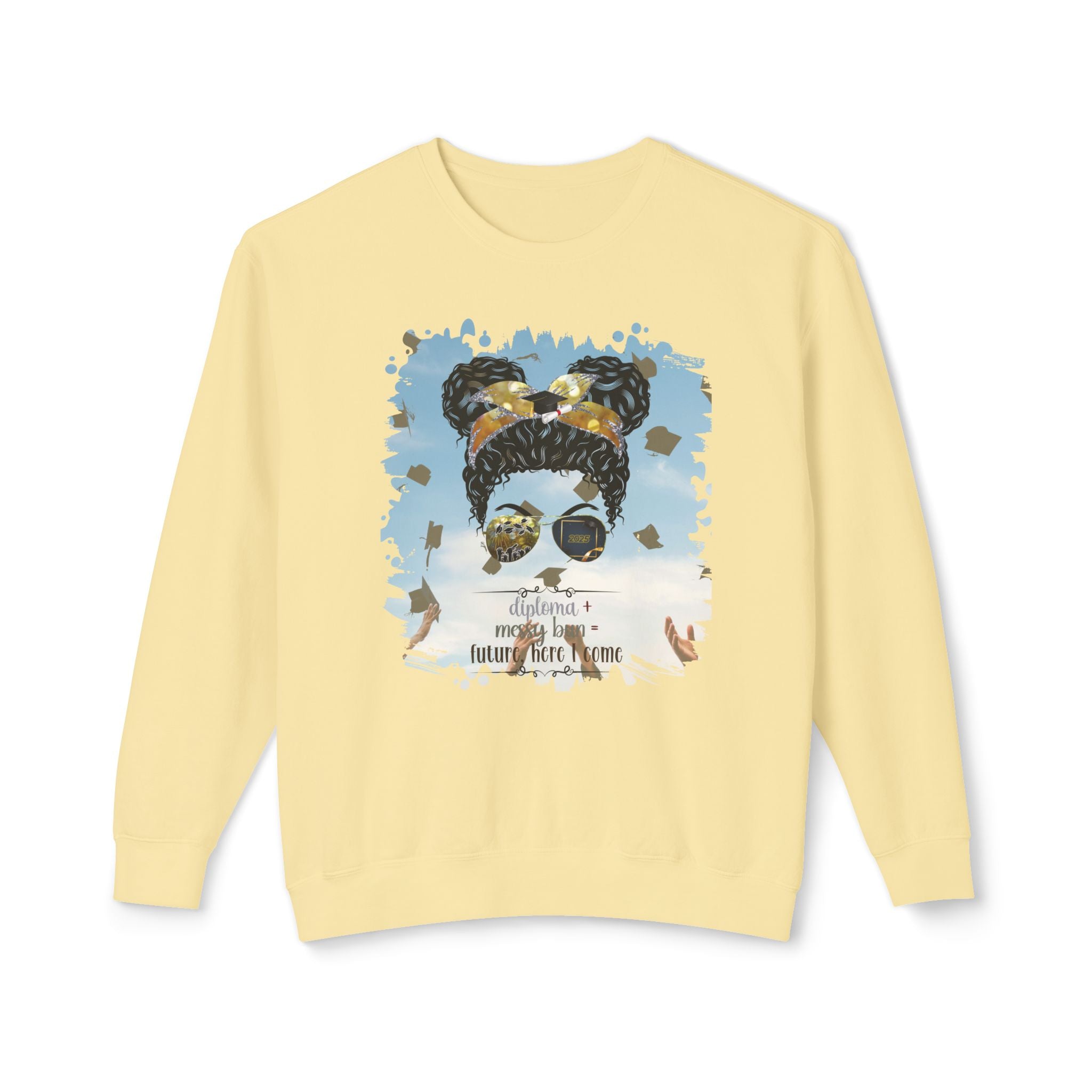 Diploma + Messy Bun, Celebration, Black Hair Messy Bun, Unisex Lightweight Crewneck Sweatshirt