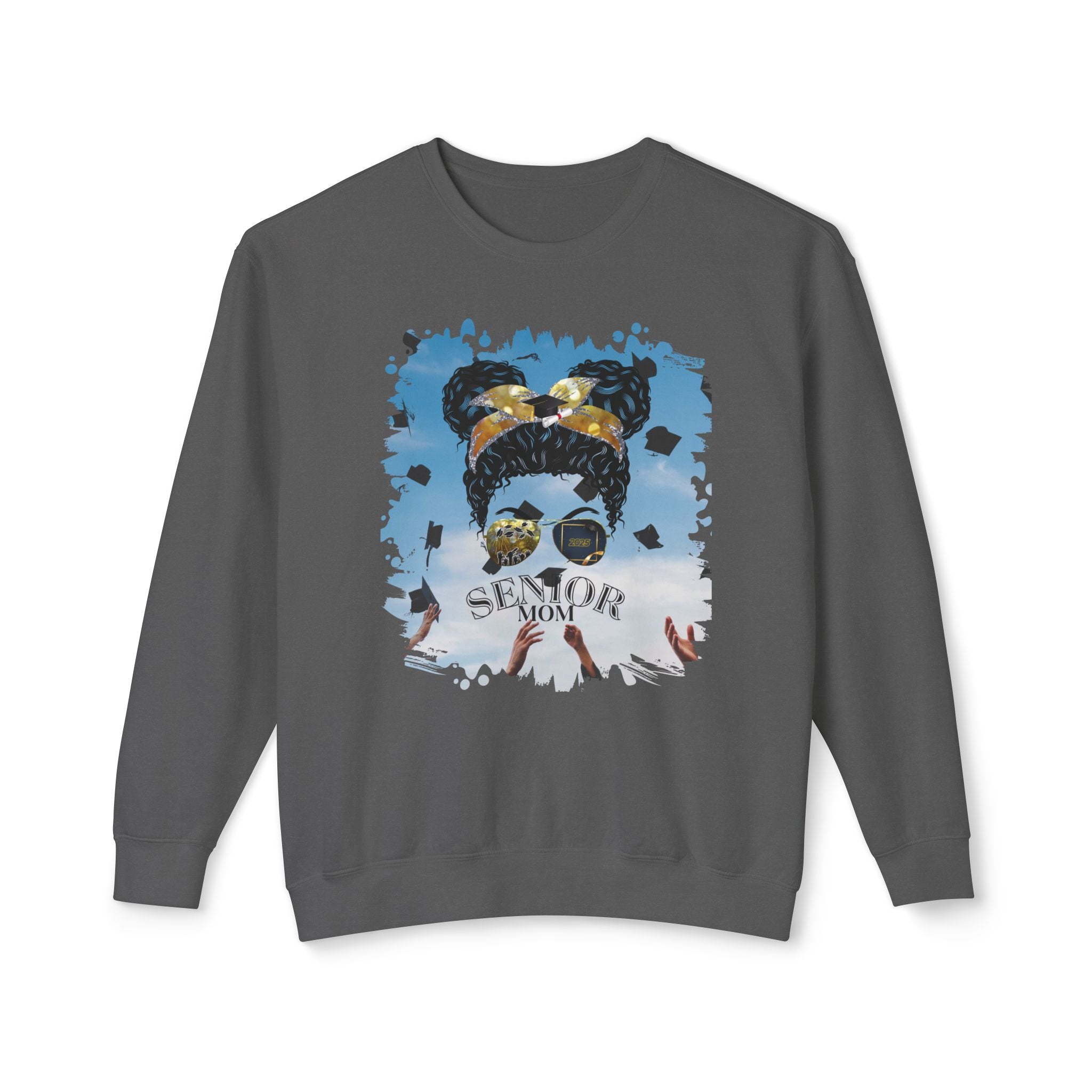 Senior Mom, Celebration, Black Hair Messy Bun, Unisex Lightweight Crewneck Sweatshirt