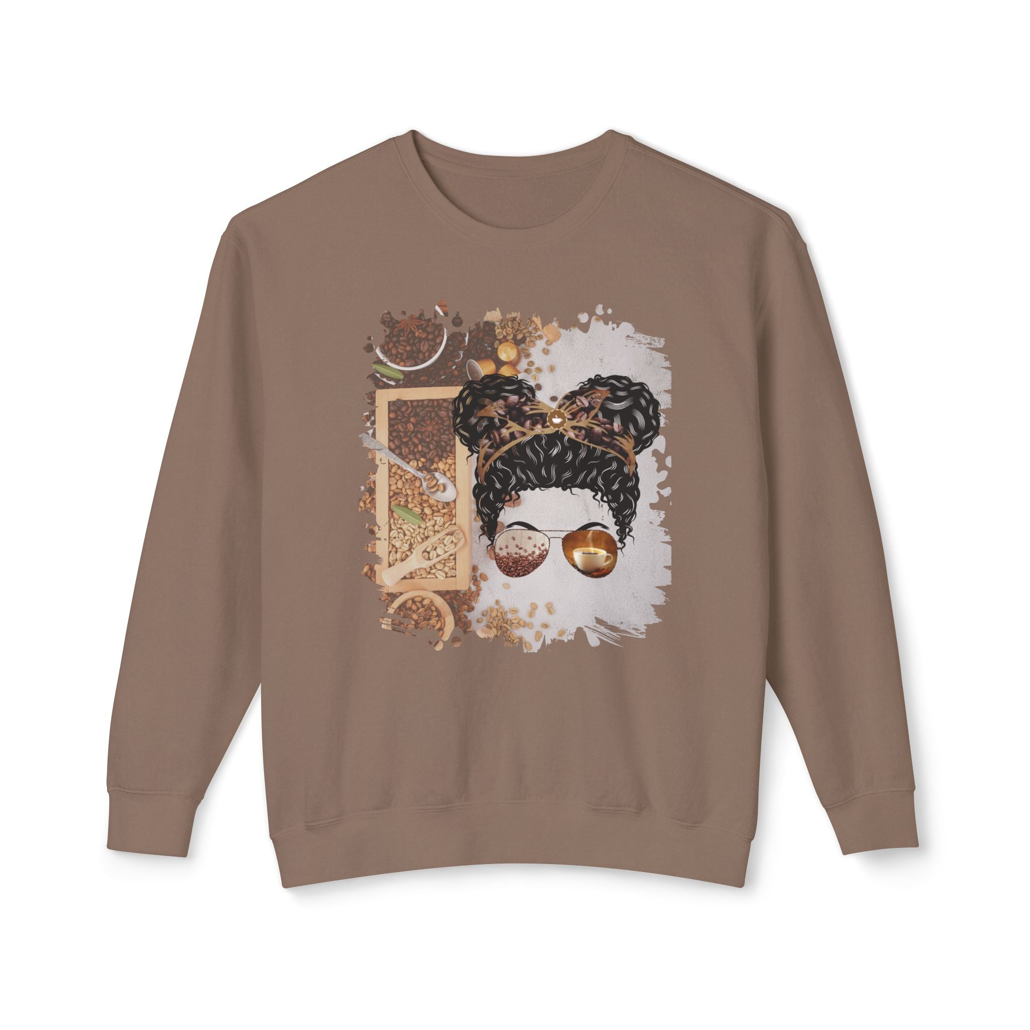 Coffee Beans Variety, Black Hair Messy Bun, Unisex Lightweight Crewneck Sweatshirt