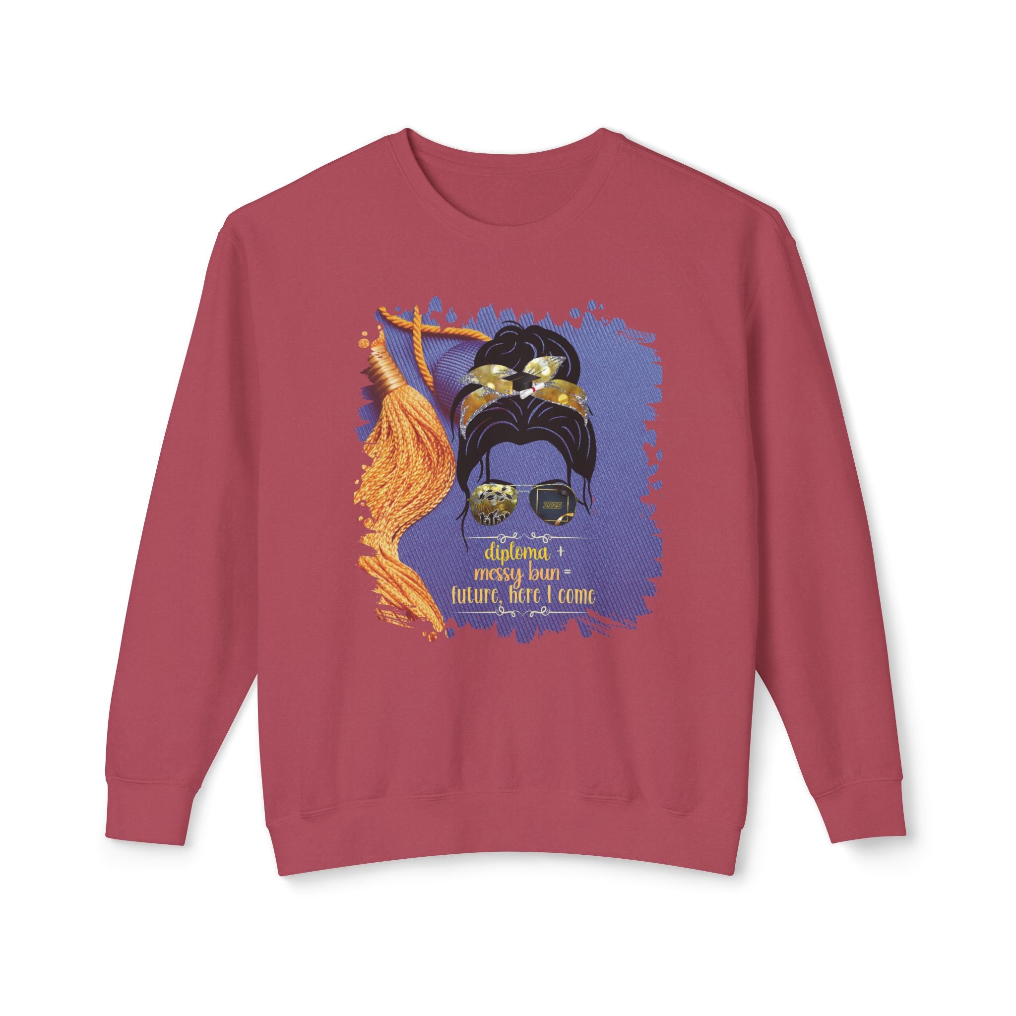 Diploma + Messy Bun, Graduation Cap, Dark Hair Messy Bun, Unisex Lightweight Crewneck Sweatshirt
