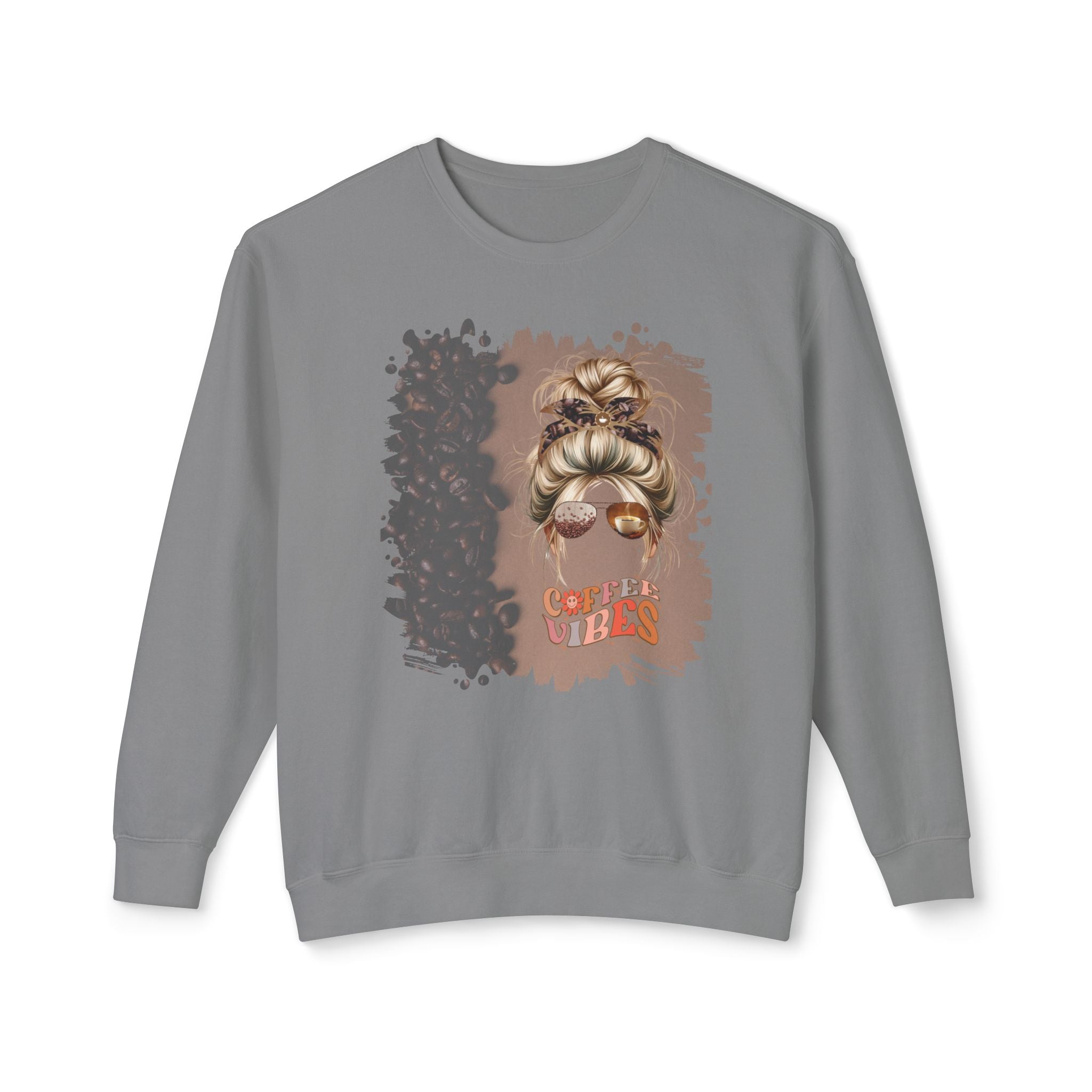 Coffee Vibes, Coffee Beans Shade, Blond Hair Messy Bun, Unisex Lightweight Crewneck Sweatshirt