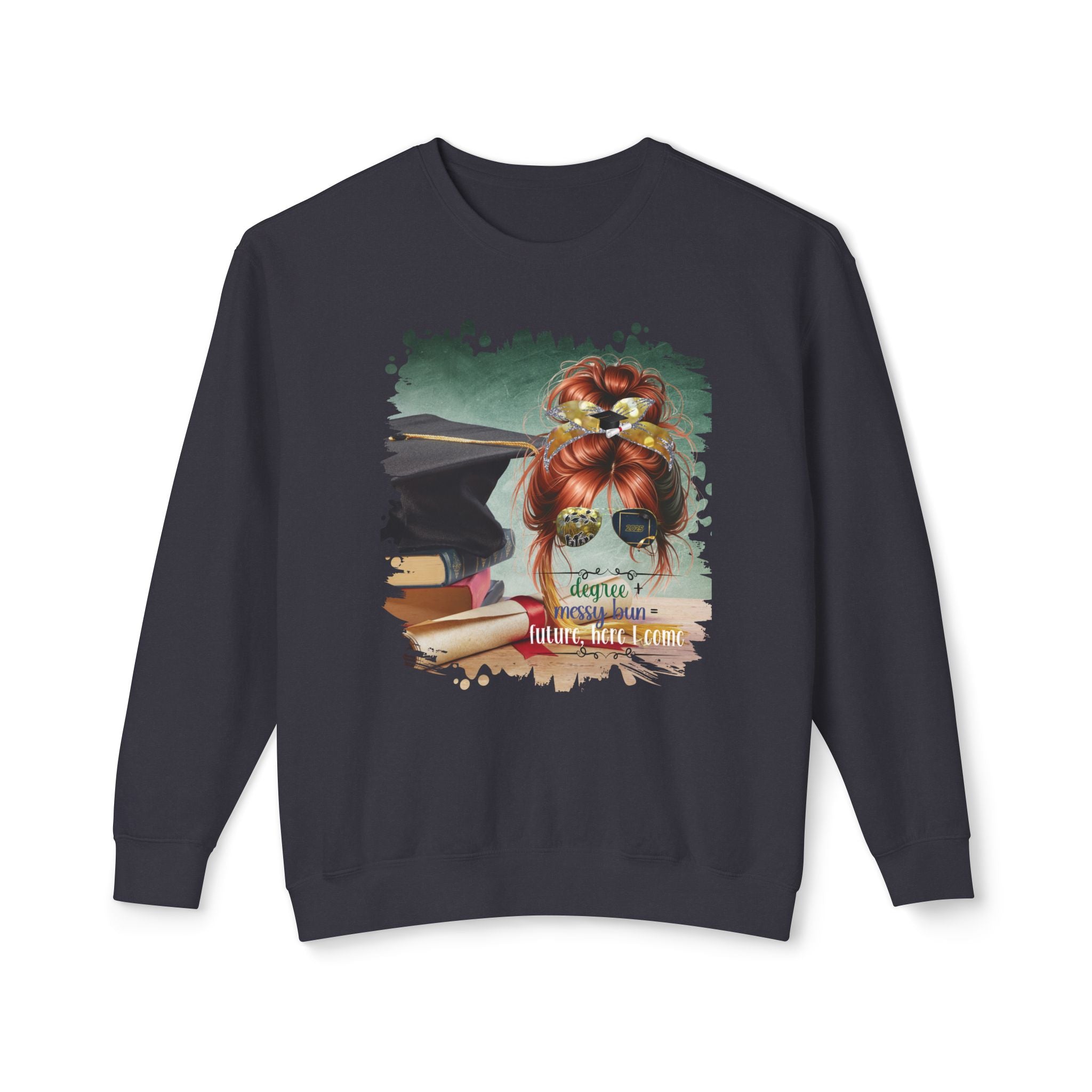 Degree + Messy Bun, Cap & Degree/Diploma, Red Hair Messy Bun, Unisex Lightweight Crewneck Sweatshirt