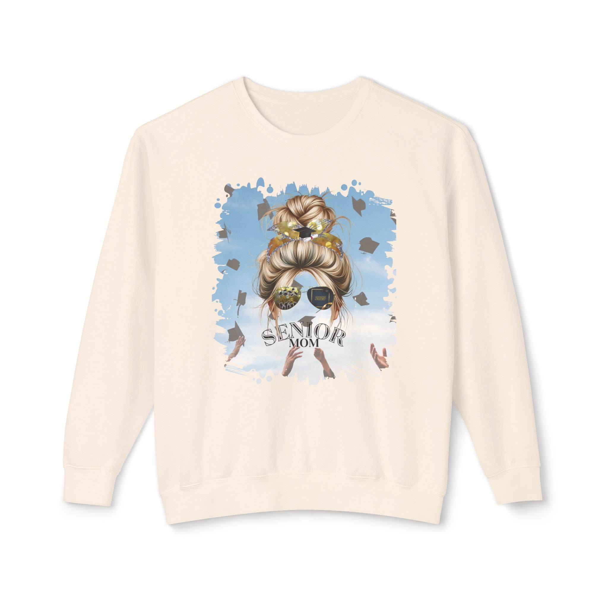 Senior Mom, Celebration, Blond Hair Messy Bun, Unisex Lightweight Crewneck Sweatshirt