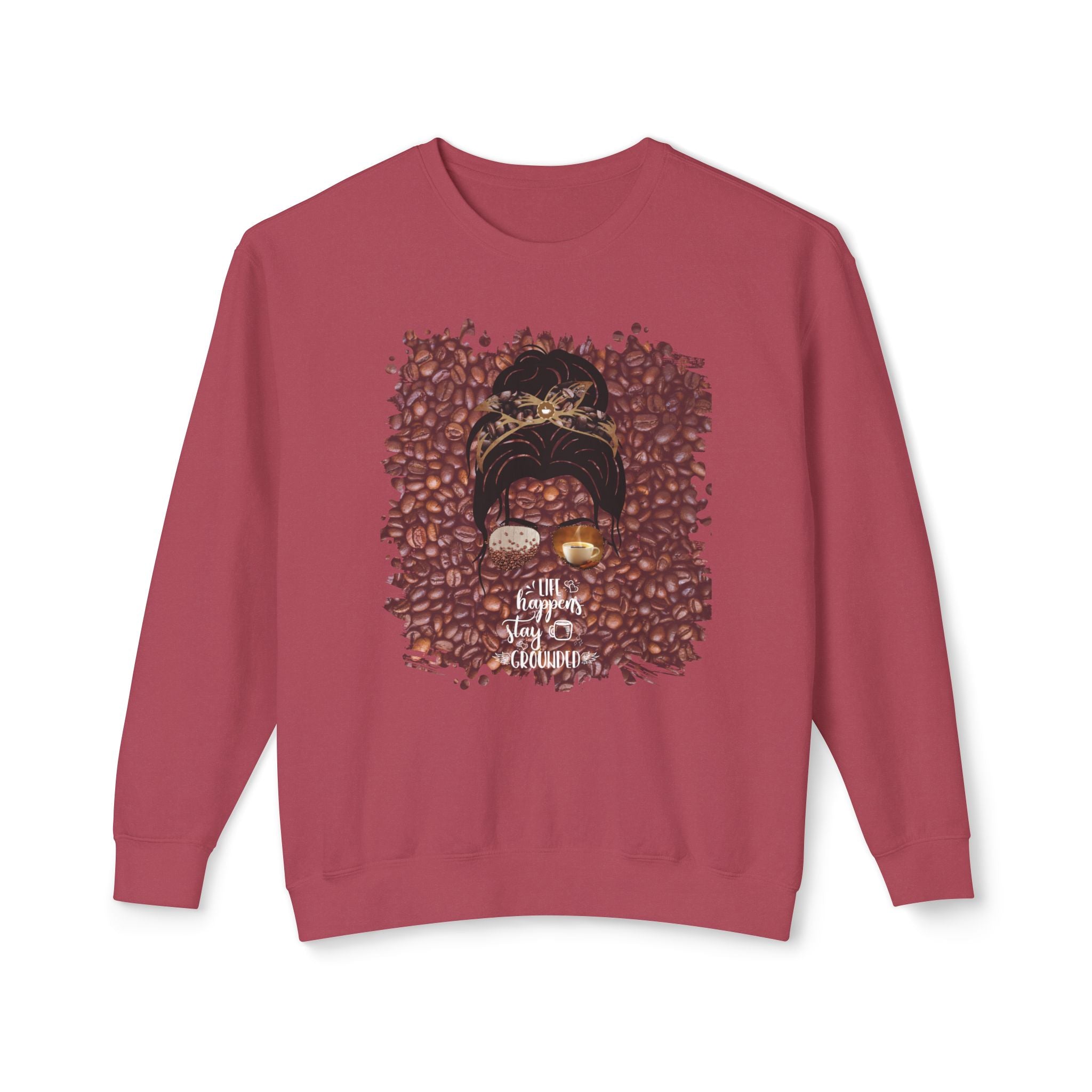 Stay Grounded, Coffee Beans, Dark Hair Messy Bun, Unisex Lightweight Crewneck Sweatshirt