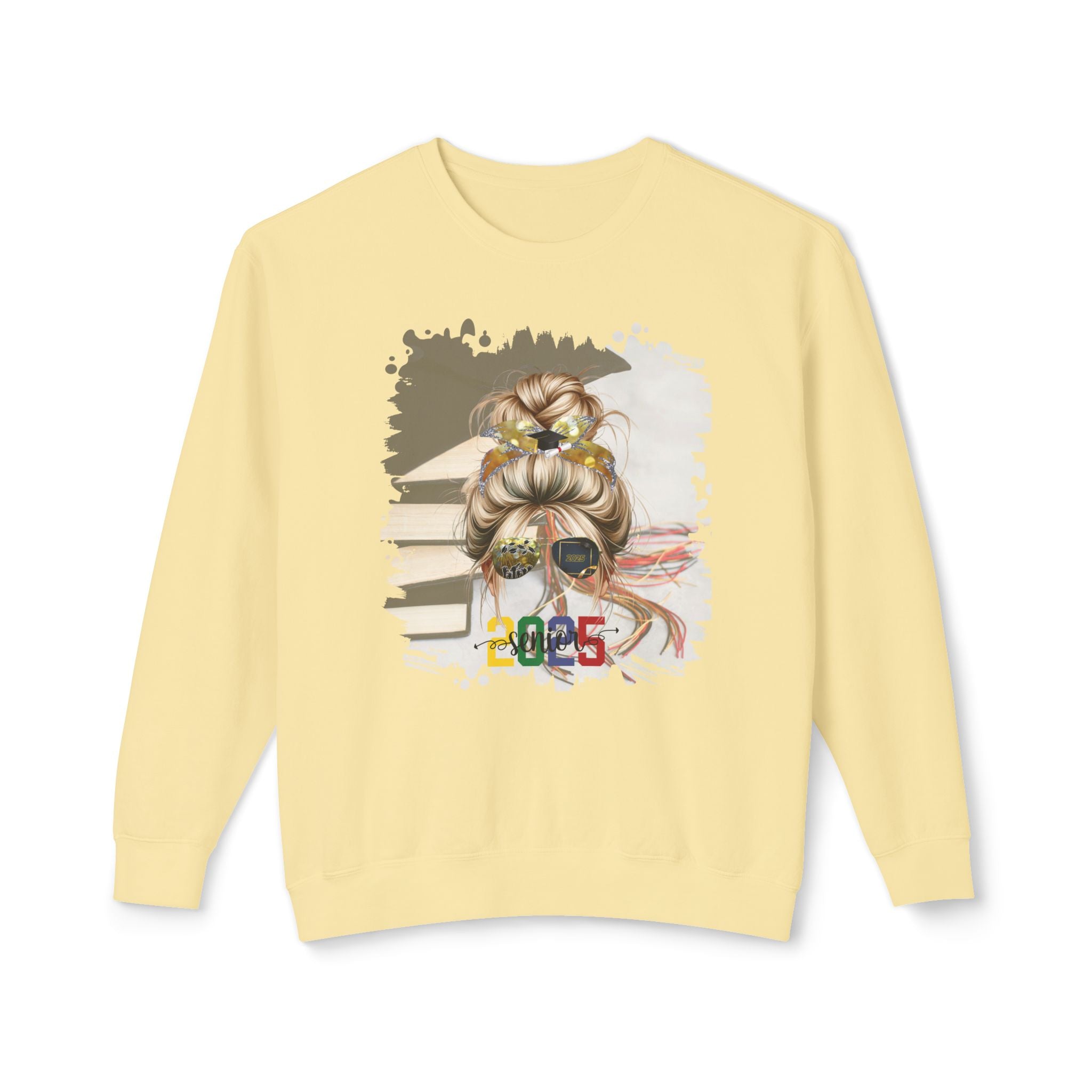 Senior 2025 Colorful, Cap & Books, Blond Hair Messy Bun, Unisex Lightweight Crewneck Sweatshirt