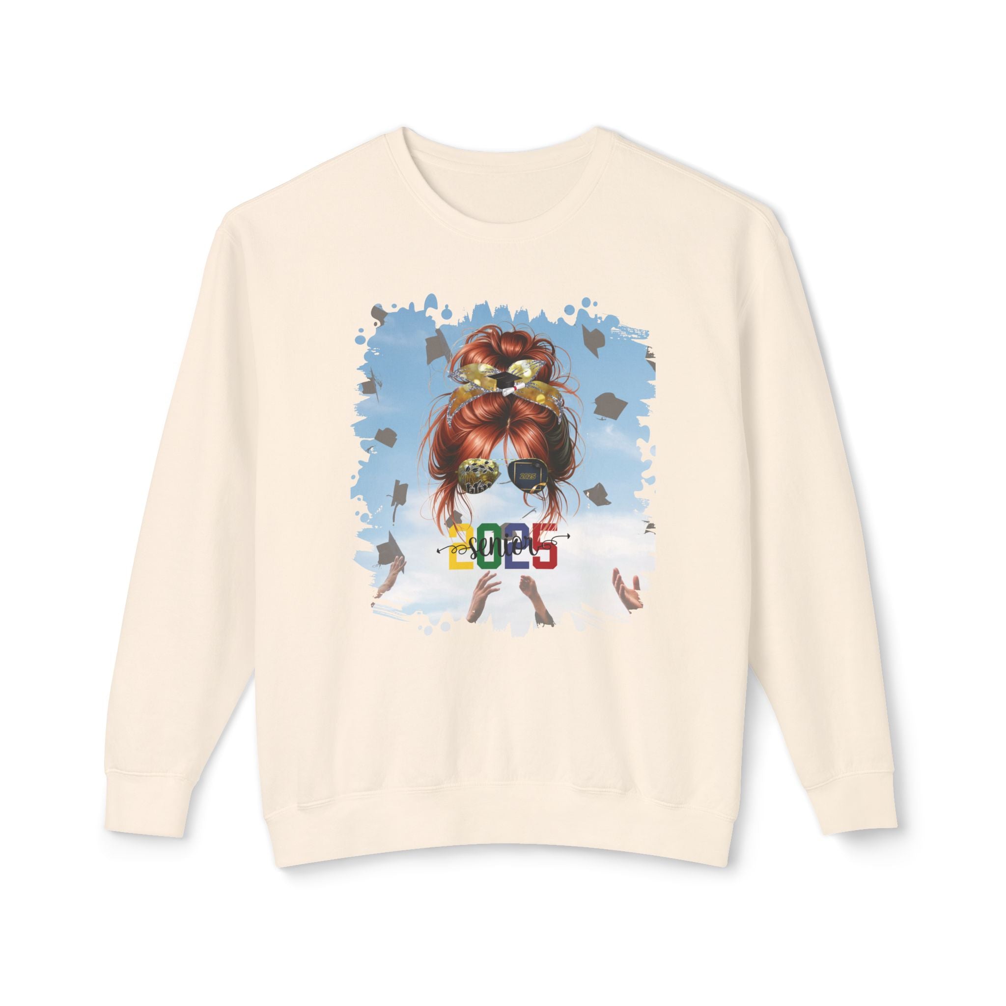 Senior 2025 Colorful, Celebration, Red Hair Messy Bun, Unisex Lightweight Crewneck Sweatshirt