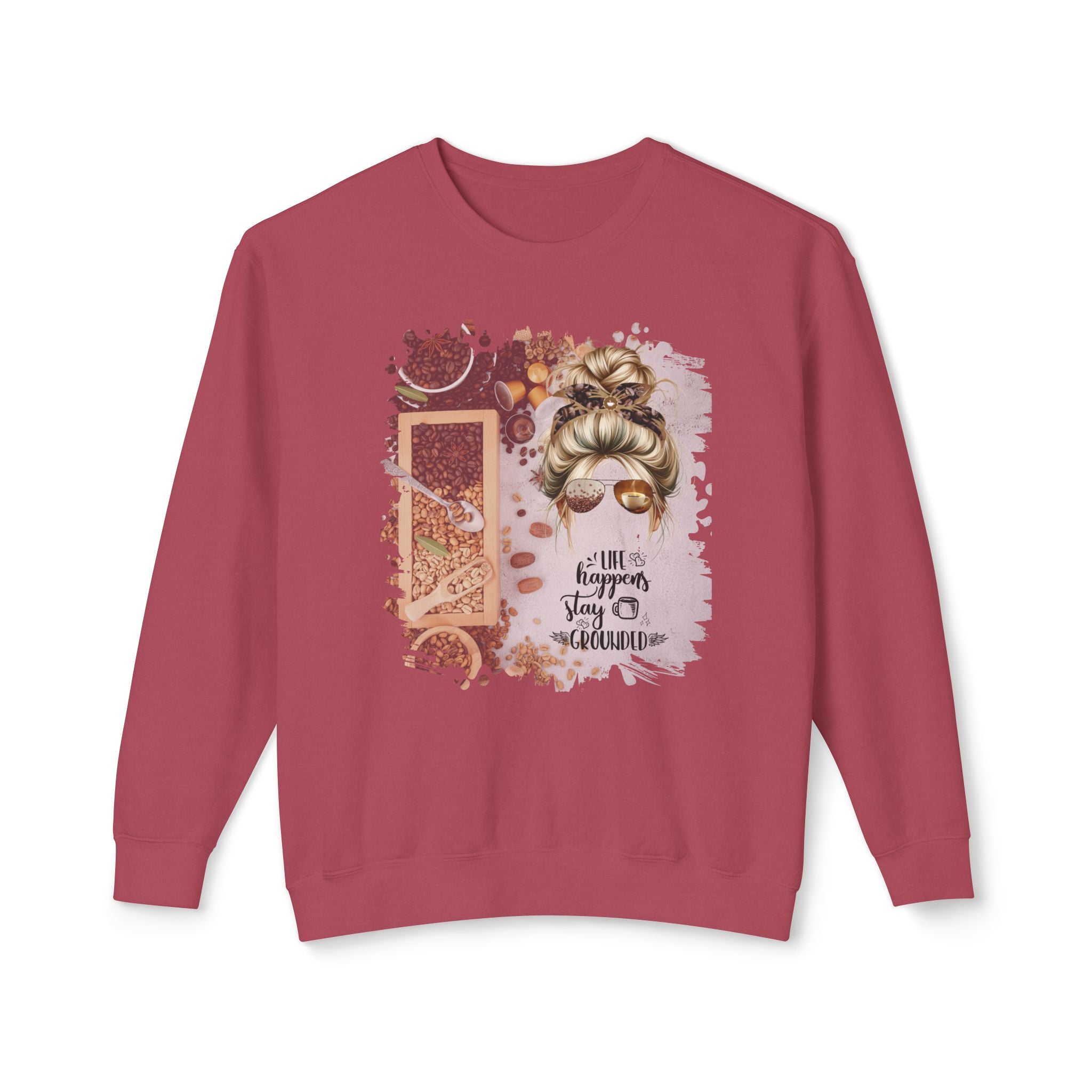 Stay Grounded, Coffee Beans Variety, Blond Hair Messy Bun, Unisex Lightweight Crewneck Sweatshirt