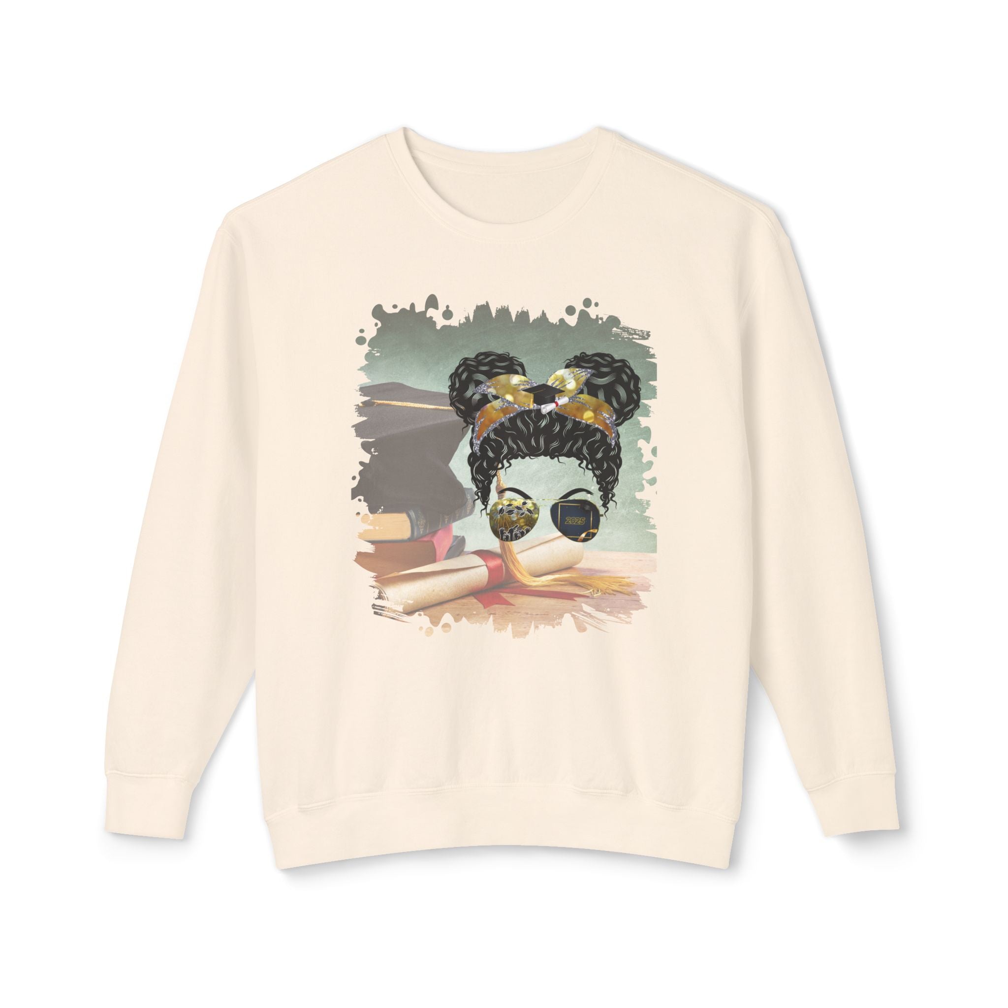 Cap & Degree/Diploma, Black Hair Messy Bun, Unisex Lightweight Crewneck Sweatshirt