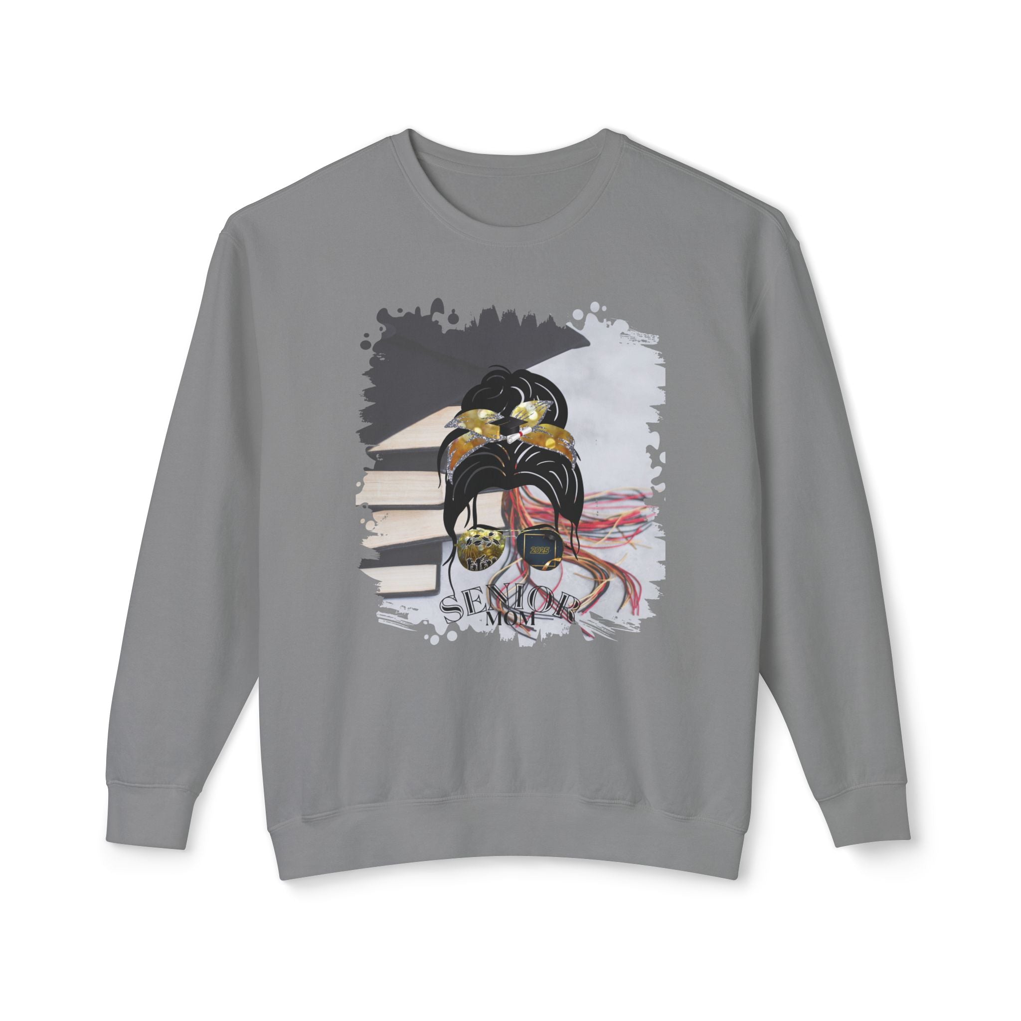 Senior Mom, Cap & Books, Dark Hair Messy Bun, Unisex Lightweight Crewneck Sweatshirt