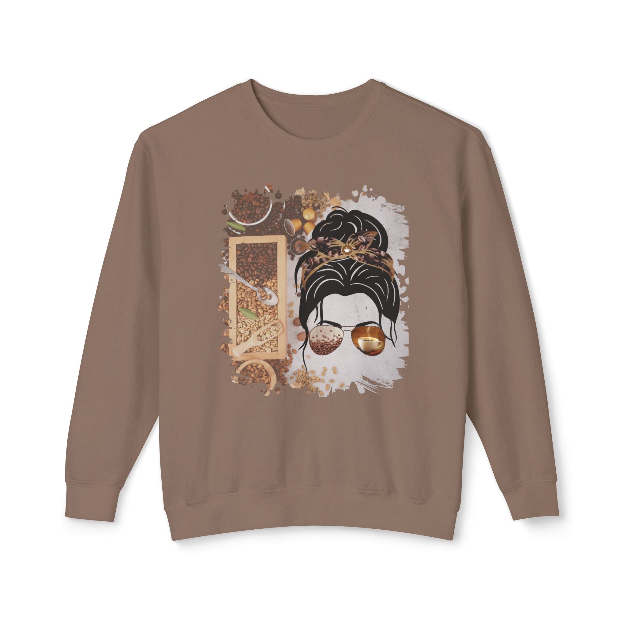 Coffee Beans Variety, Dark Hair Messy Bun, Unisex Lightweight Crewneck Sweatshirt