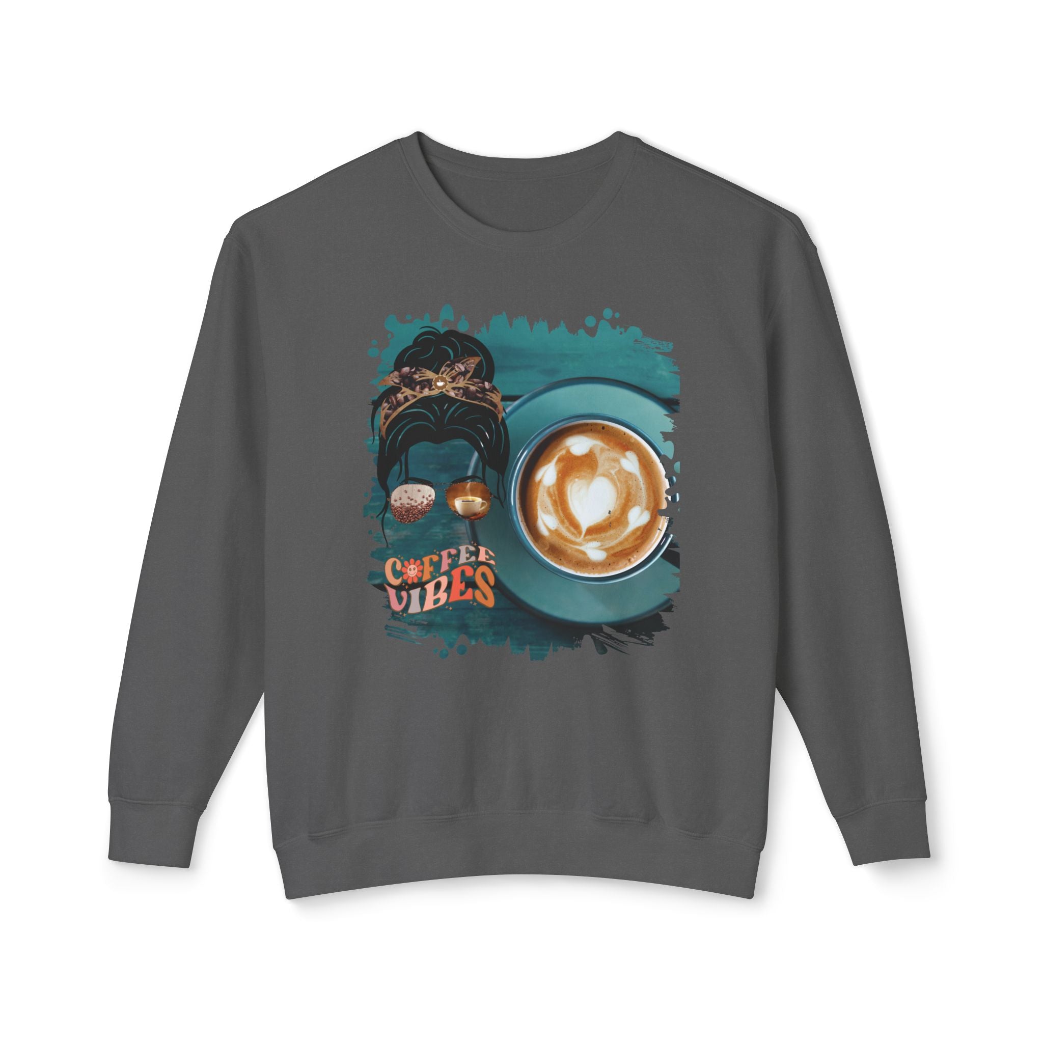 Coffee Vibes, Coffee Cup, Dark Hair Messy Bun, Unisex Lightweight Crewneck Sweatshirt