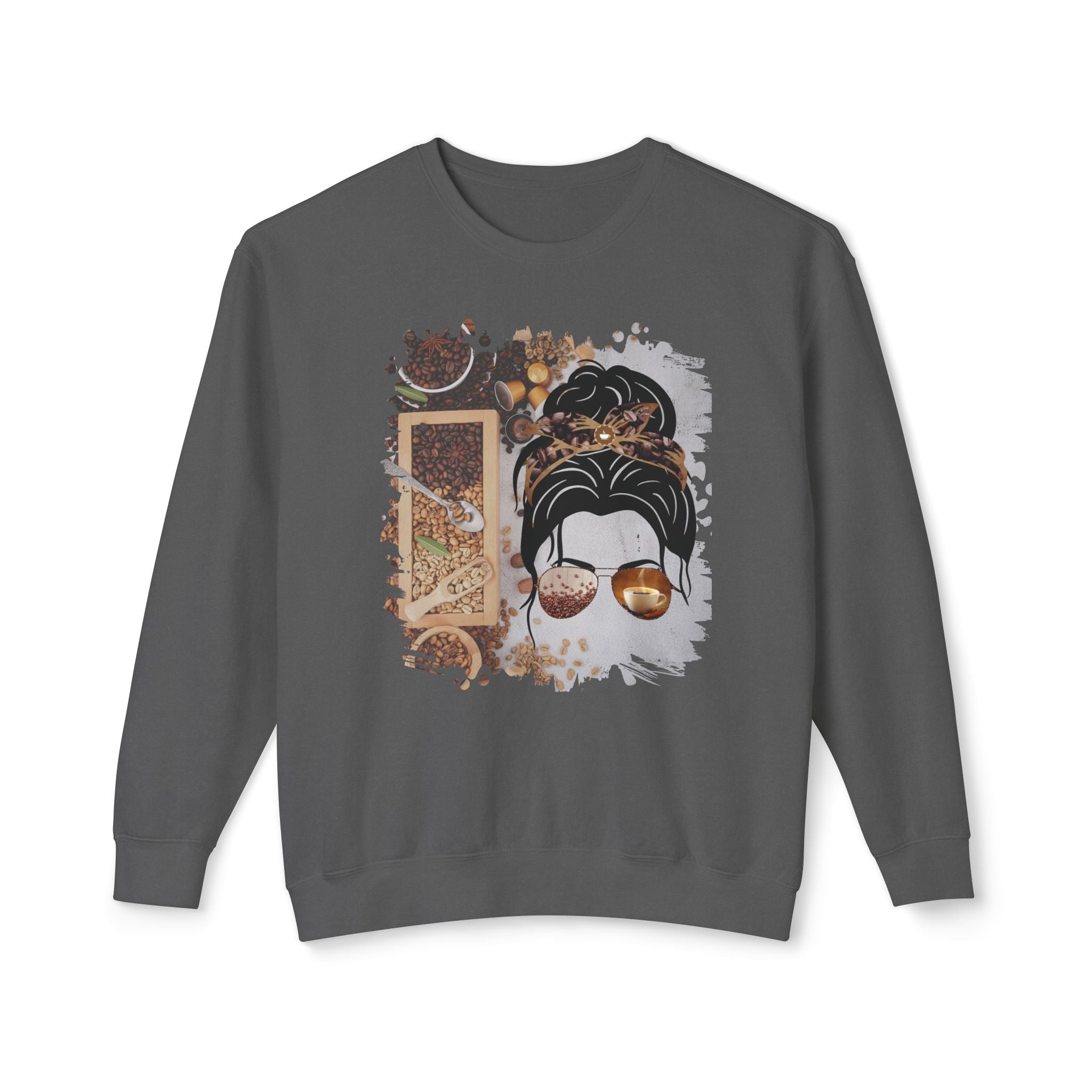Coffee Beans Variety, Dark Hair Messy Bun, Unisex Lightweight Crewneck Sweatshirt