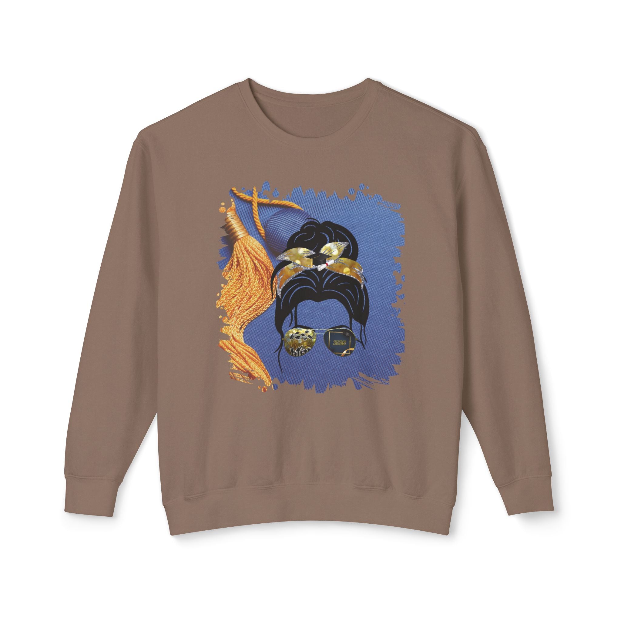 Graduation Cap, Dark Hair Messy Bun, Unisex Lightweight Crewneck Sweatshirt