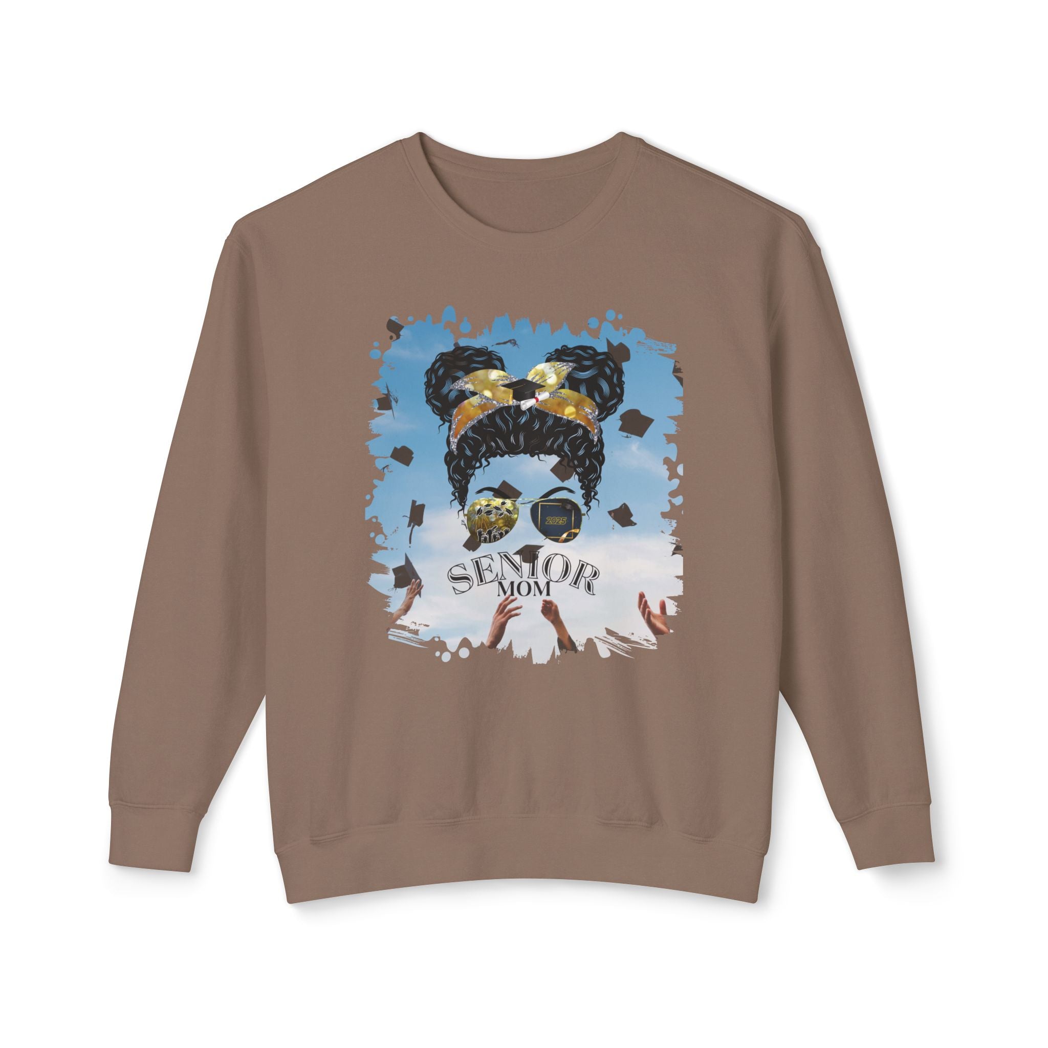 Senior Mom, Celebration, Black Hair Messy Bun, Unisex Lightweight Crewneck Sweatshirt