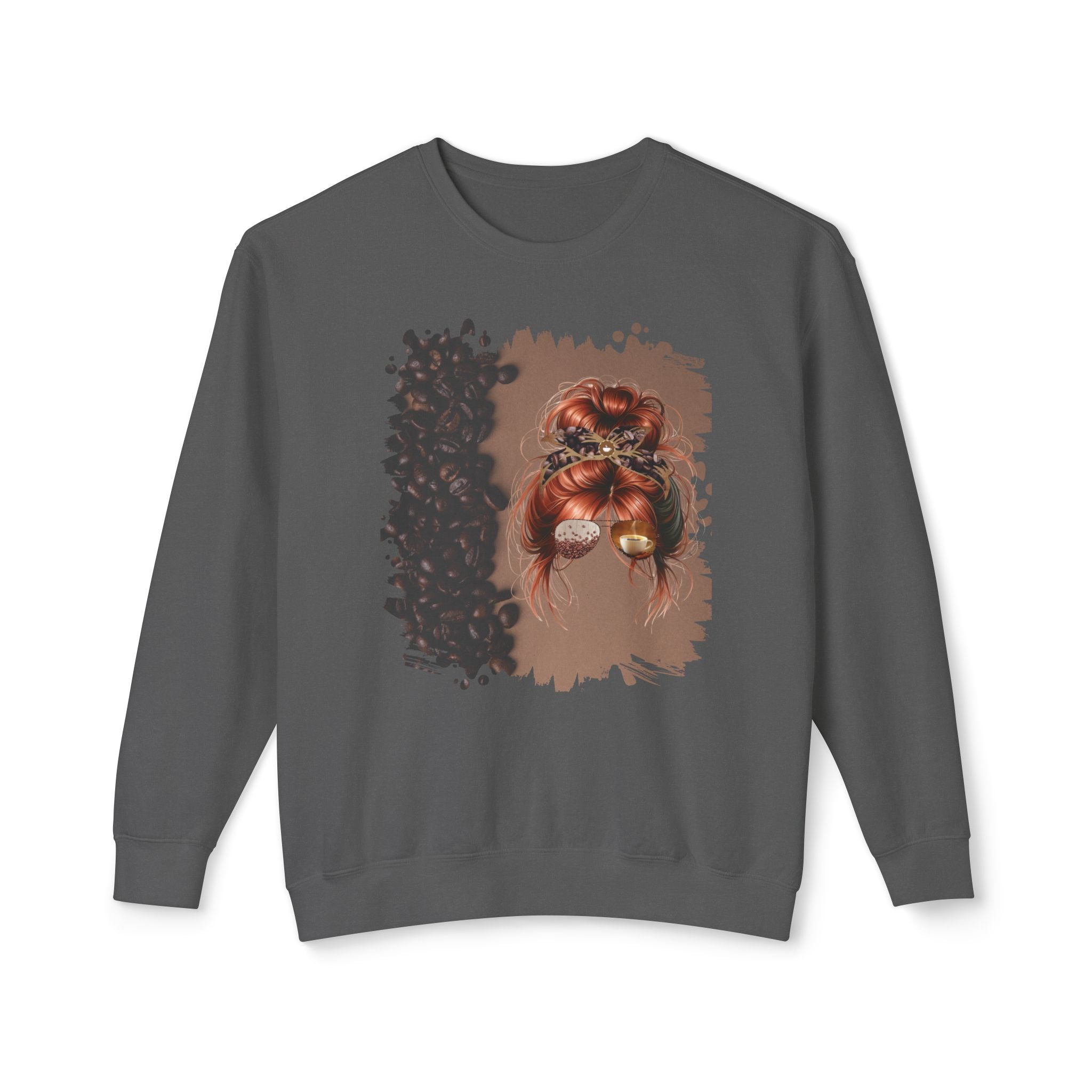 Coffee Beans Shade, Red Hair Messy Bun, Unisex Lightweight Crewneck Sweatshirt