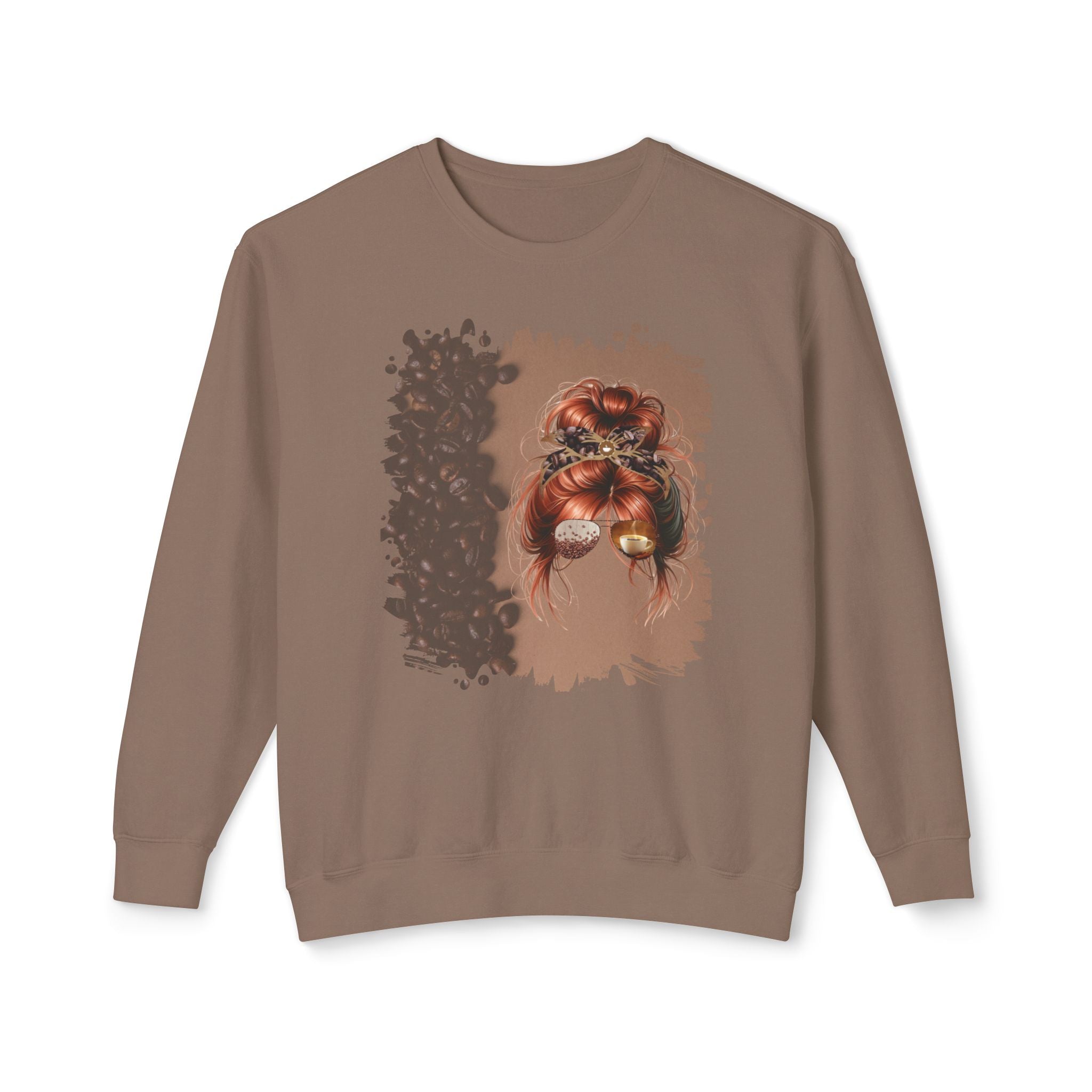 Coffee Beans Shade, Red Hair Messy Bun, Unisex Lightweight Crewneck Sweatshirt