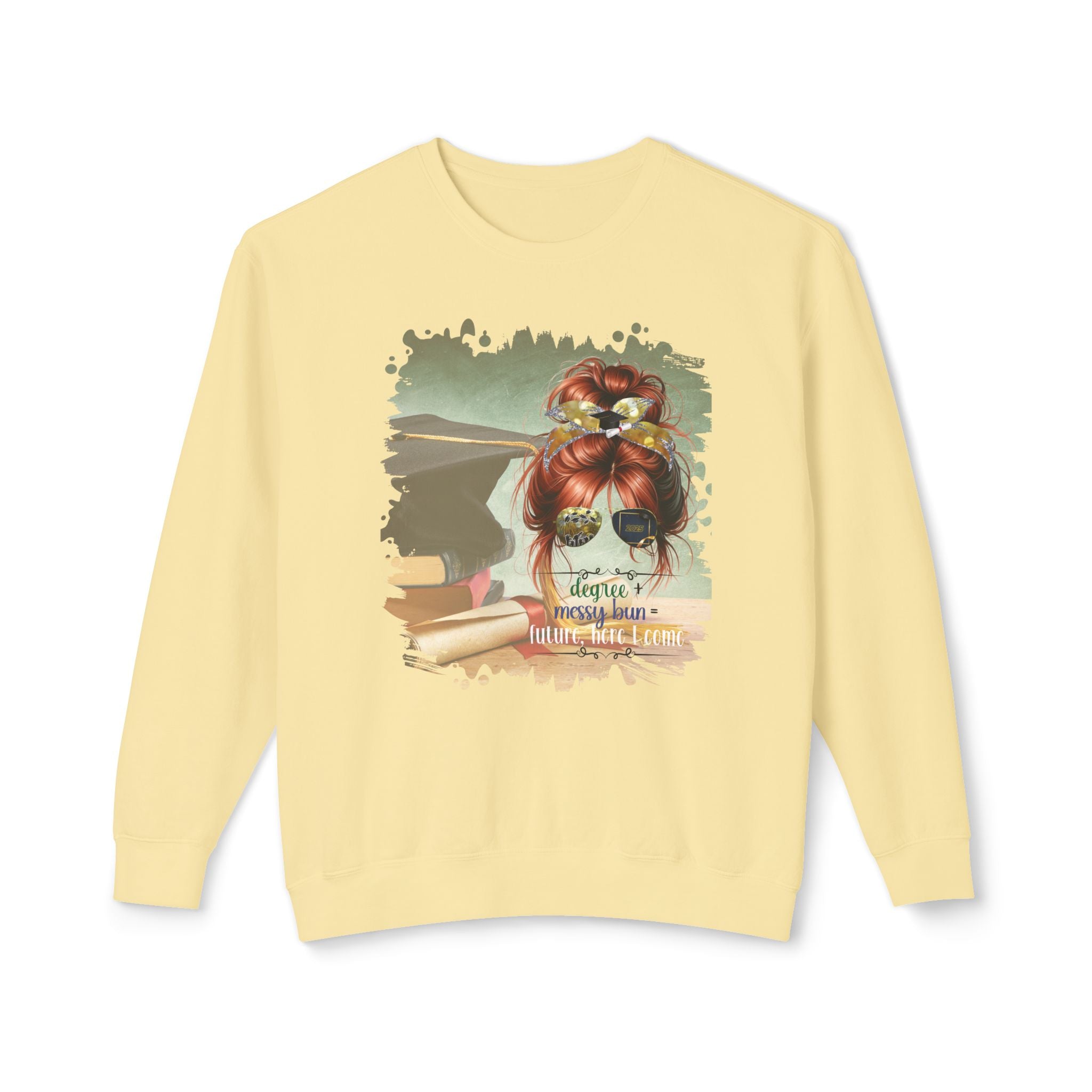 Degree + Messy Bun, Cap & Degree/Diploma, Red Hair Messy Bun, Unisex Lightweight Crewneck Sweatshirt