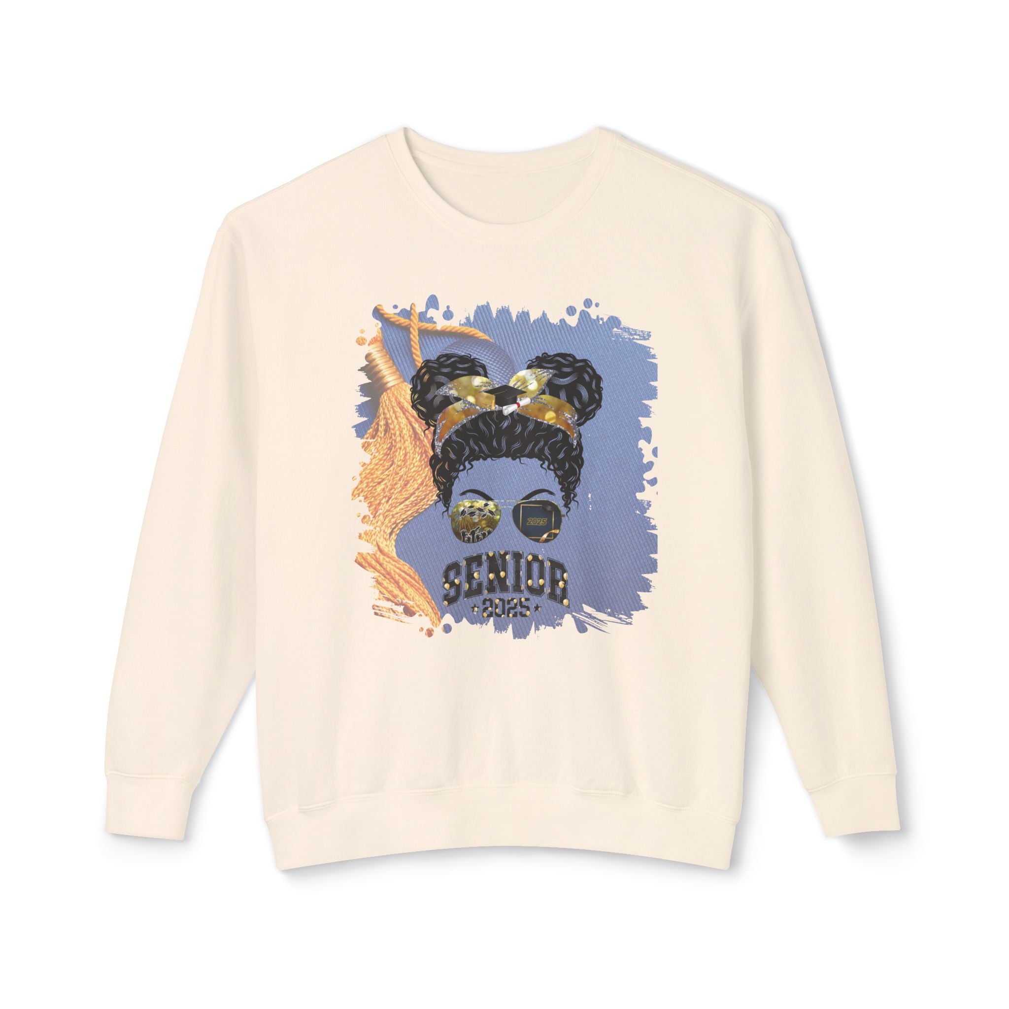 Senior 2025 Balloons, Graduation Cap, Black Hair Messy Bun, Unisex Lightweight Crewneck Sweatshirt