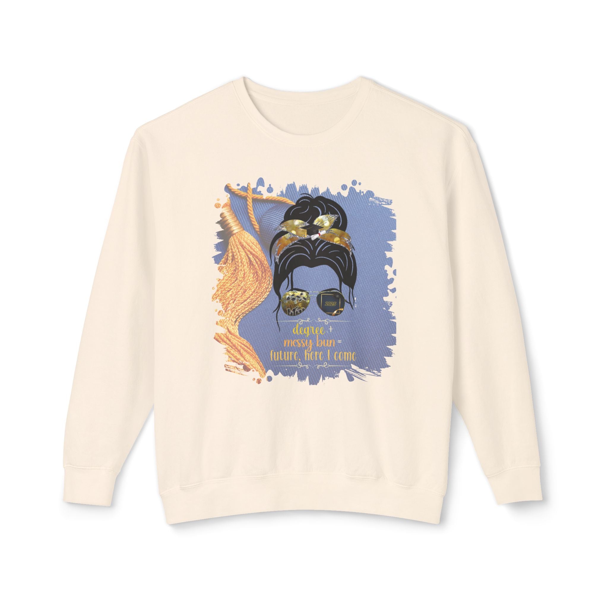 Degree + Messy Bun, Graduation Cap, Dark Hair Messy Bun, Unisex Lightweight Crewneck Sweatshirt