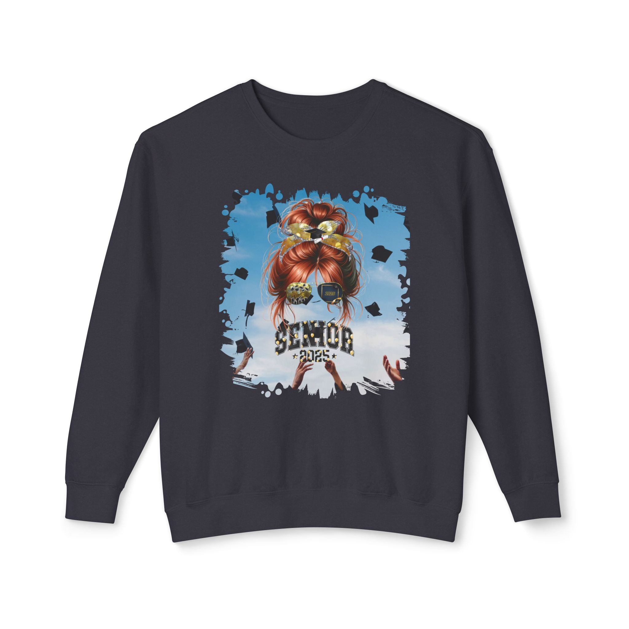 Senior 2025 Balloons, Celebration, Red Hair Messy Bun, Unisex Lightweight Crewneck Sweatshirt